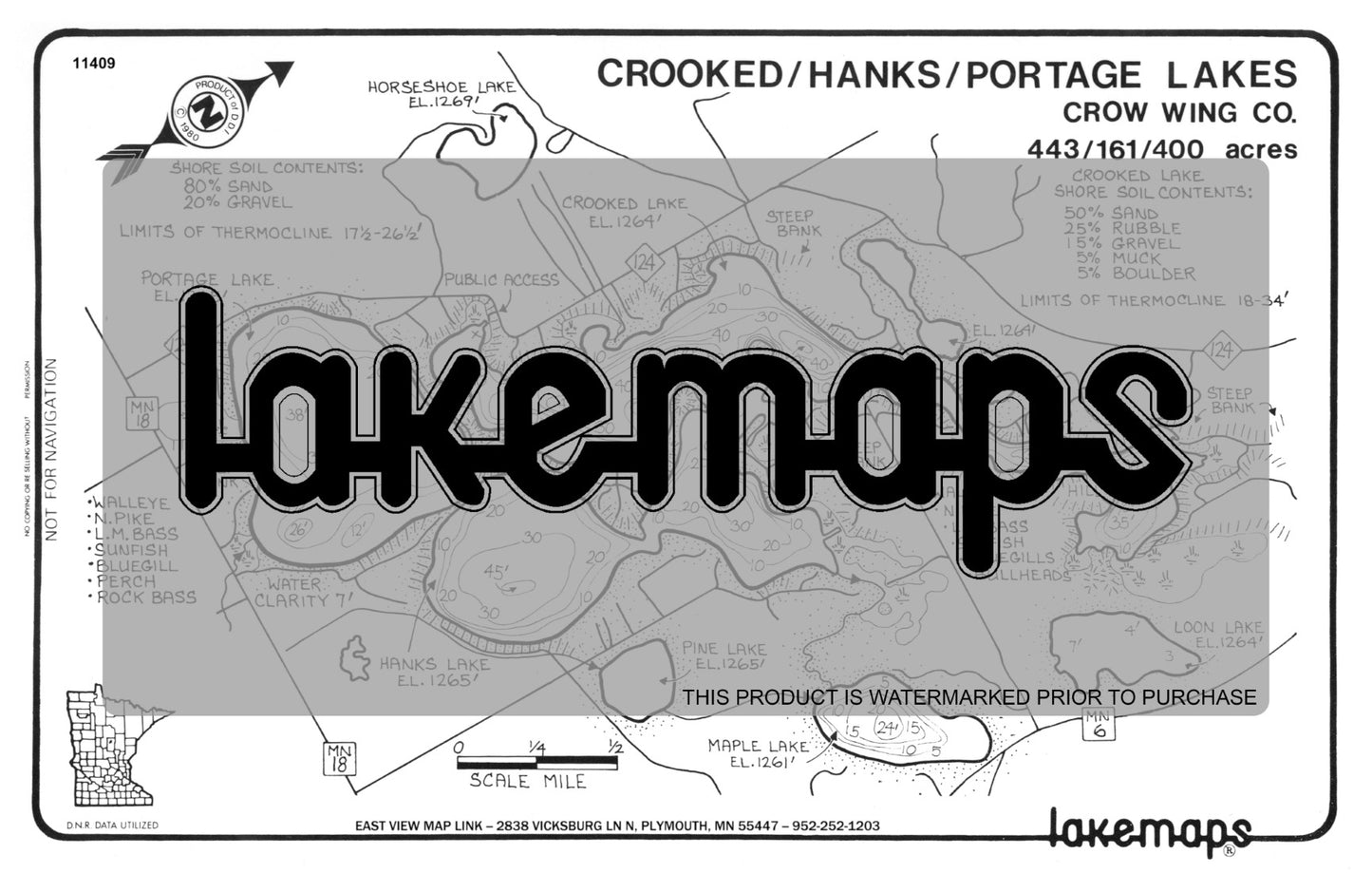 Crow Wing County, MN - CROOKED /  Hanks /  Portage - Lakemap - 11409