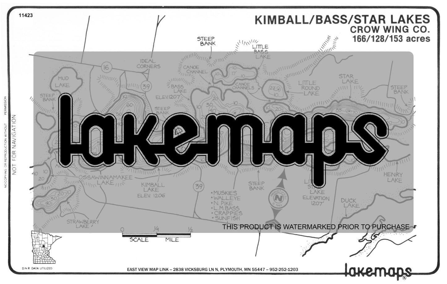 Crow Wing County, MN - KIMBALL / Bass / Star - Lakemap - 11423