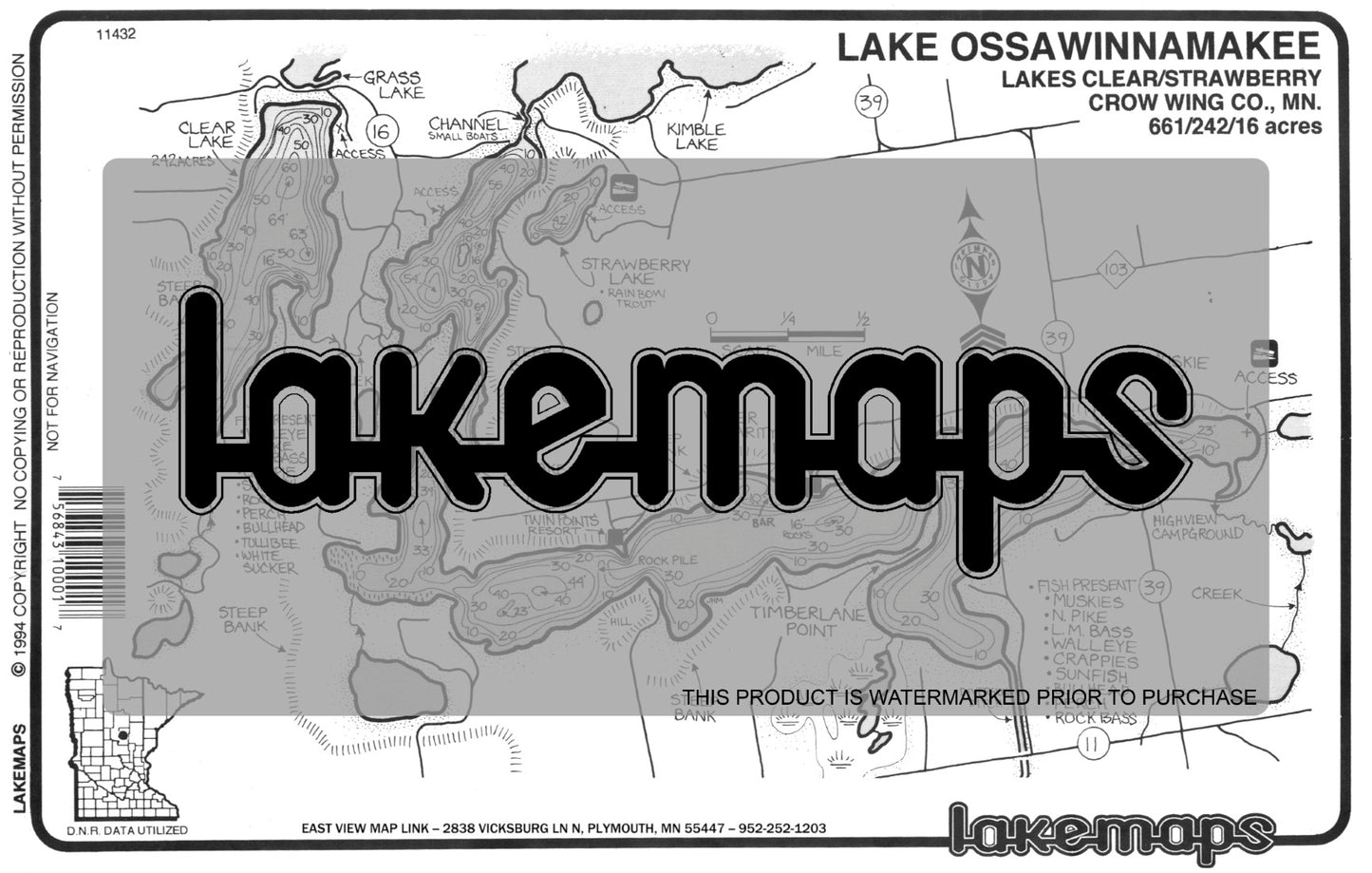 Crow Wing County, MN - OSSAWINNAMAKEE/ Strawberry - Lakemap - 11432