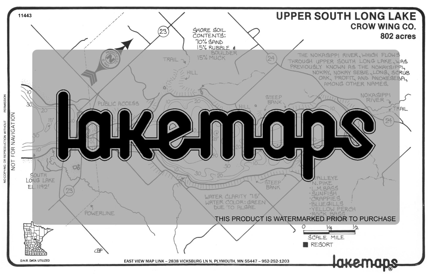 Crow Wing County, MN - UPPER SOUTH LONG - Lakemap - 11443