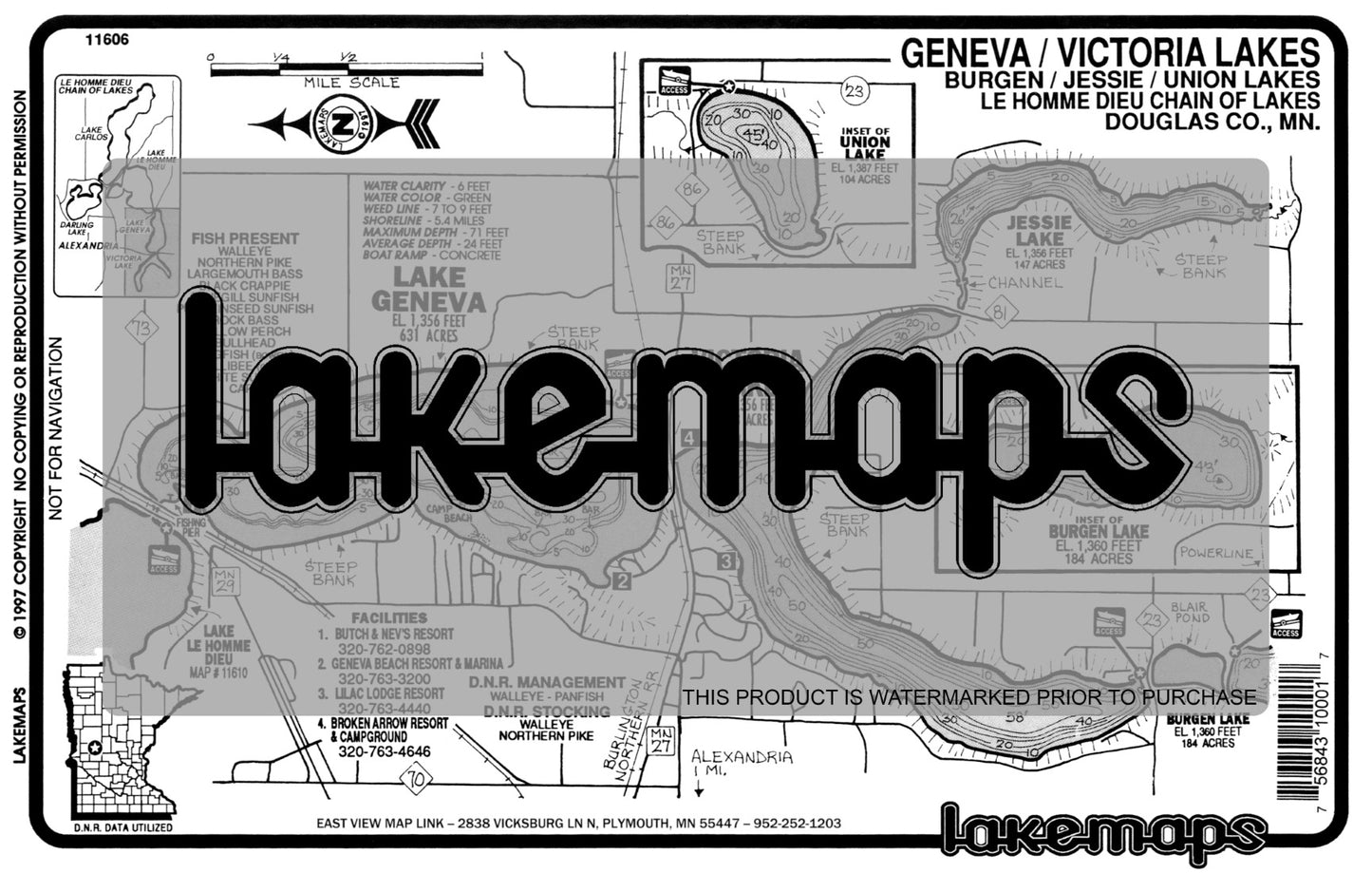 Douglas County, MN - GENEVA/ Victoria/ Jessie/ Burgen - Lakemap - 11606