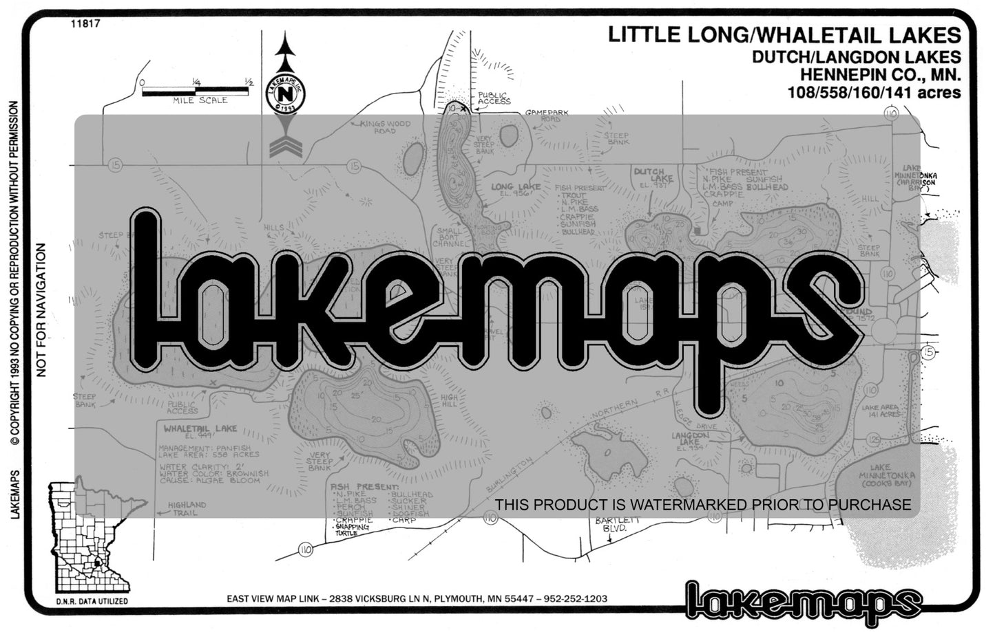 Hennepin County, MN - WHALETAIL /  Little Long /  Dutch - Lakemap - 11817