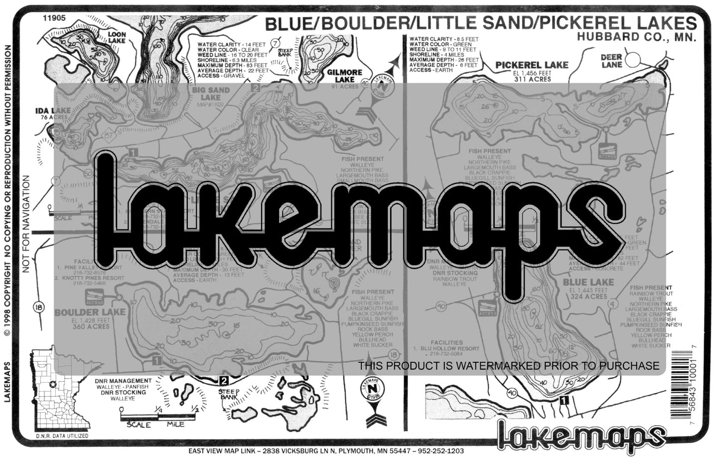 Hubbard County, MN - Blue / Pickeral/Boulder/Little Sand - Lakemap - 11905