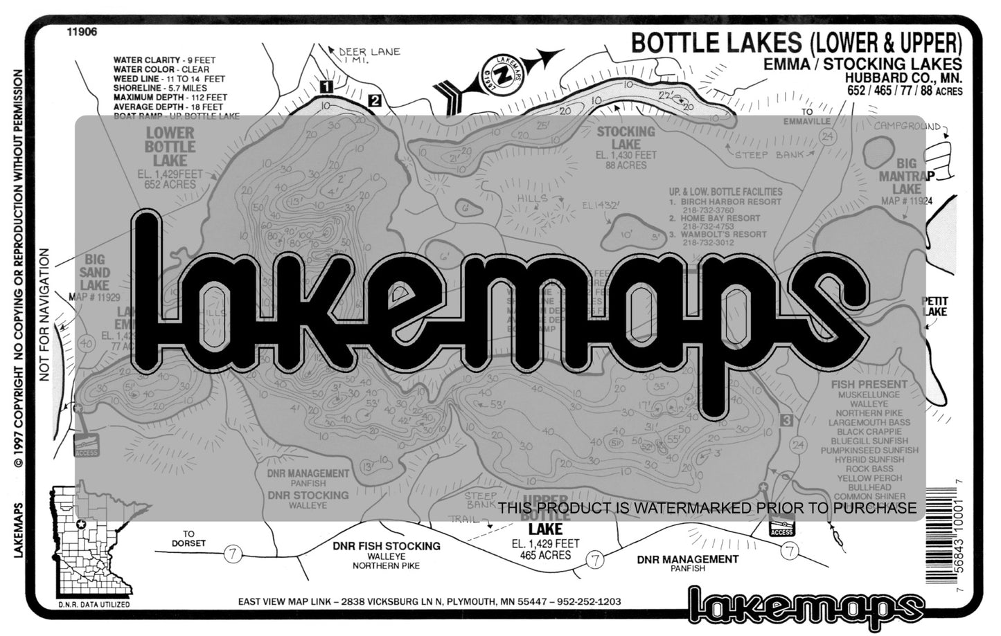 Hubbard County, MN - BOTTLE,  Up. &  Lo. / Stocking - Lakemap - 11906