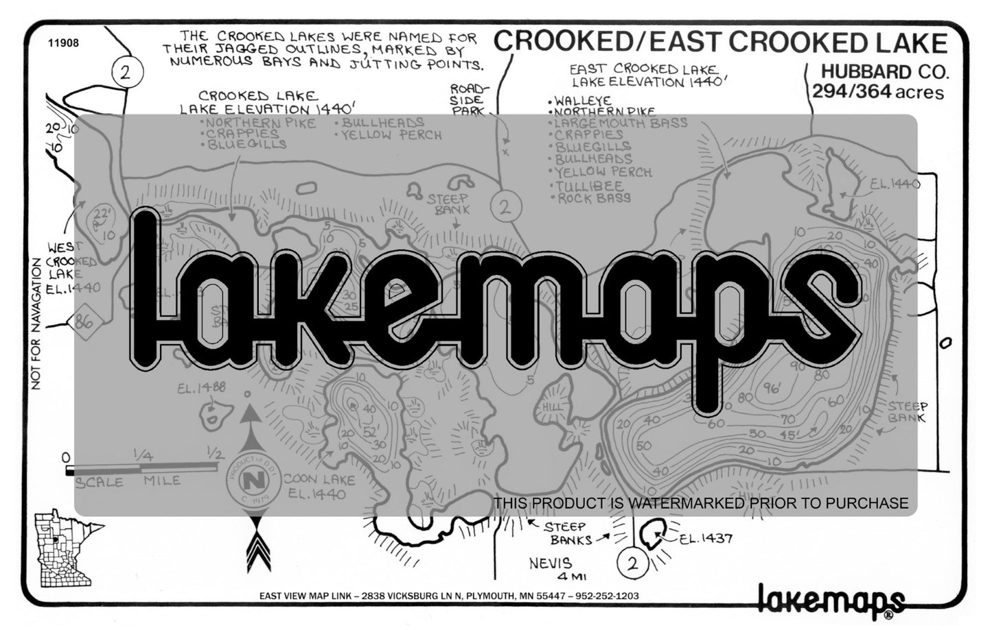 Hubbard County, MN - CROOKED, East  /  Middle - Lakemap - 11908