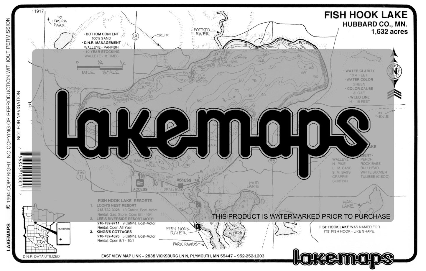 Hubbard County, MN - FISH HOOK - Lakemap - 11917