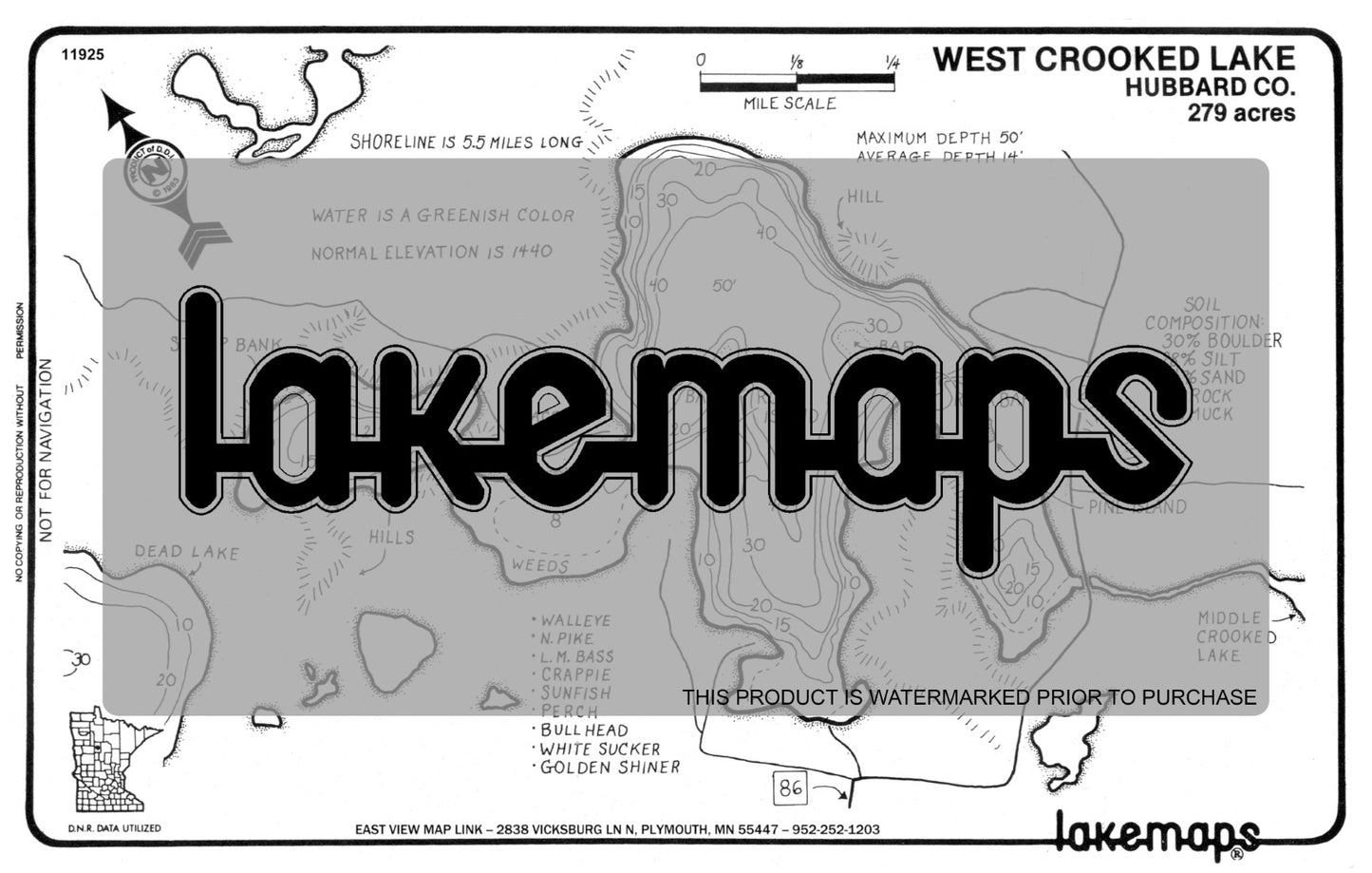 Hubbard County, MN - WEST CROOKED - Lakemap - 11925