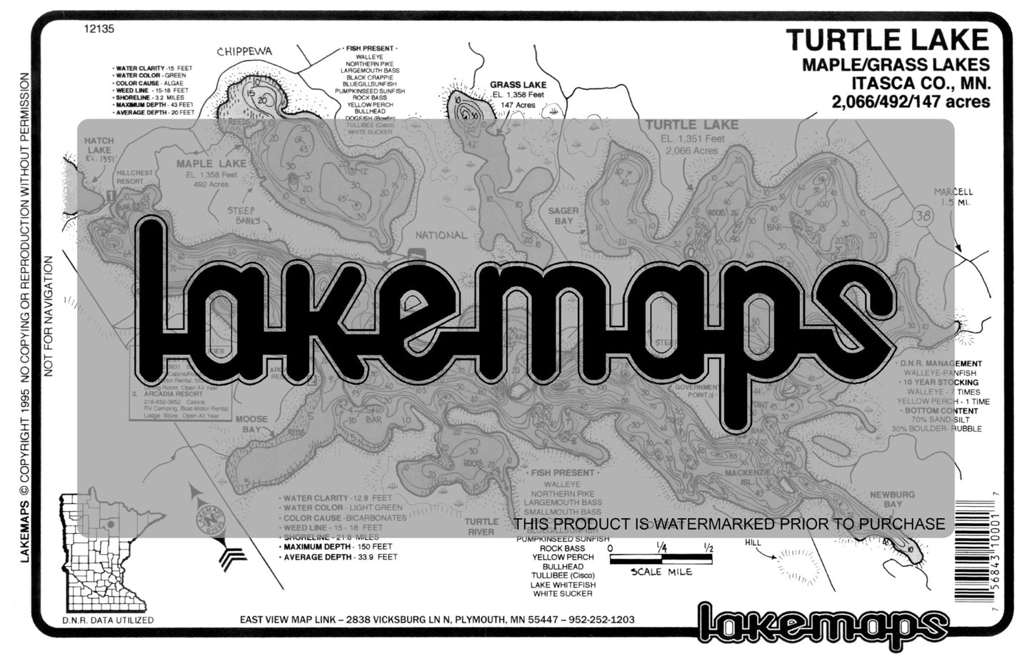 Itasca County, MN - TURTLE - Lakemap - 12135