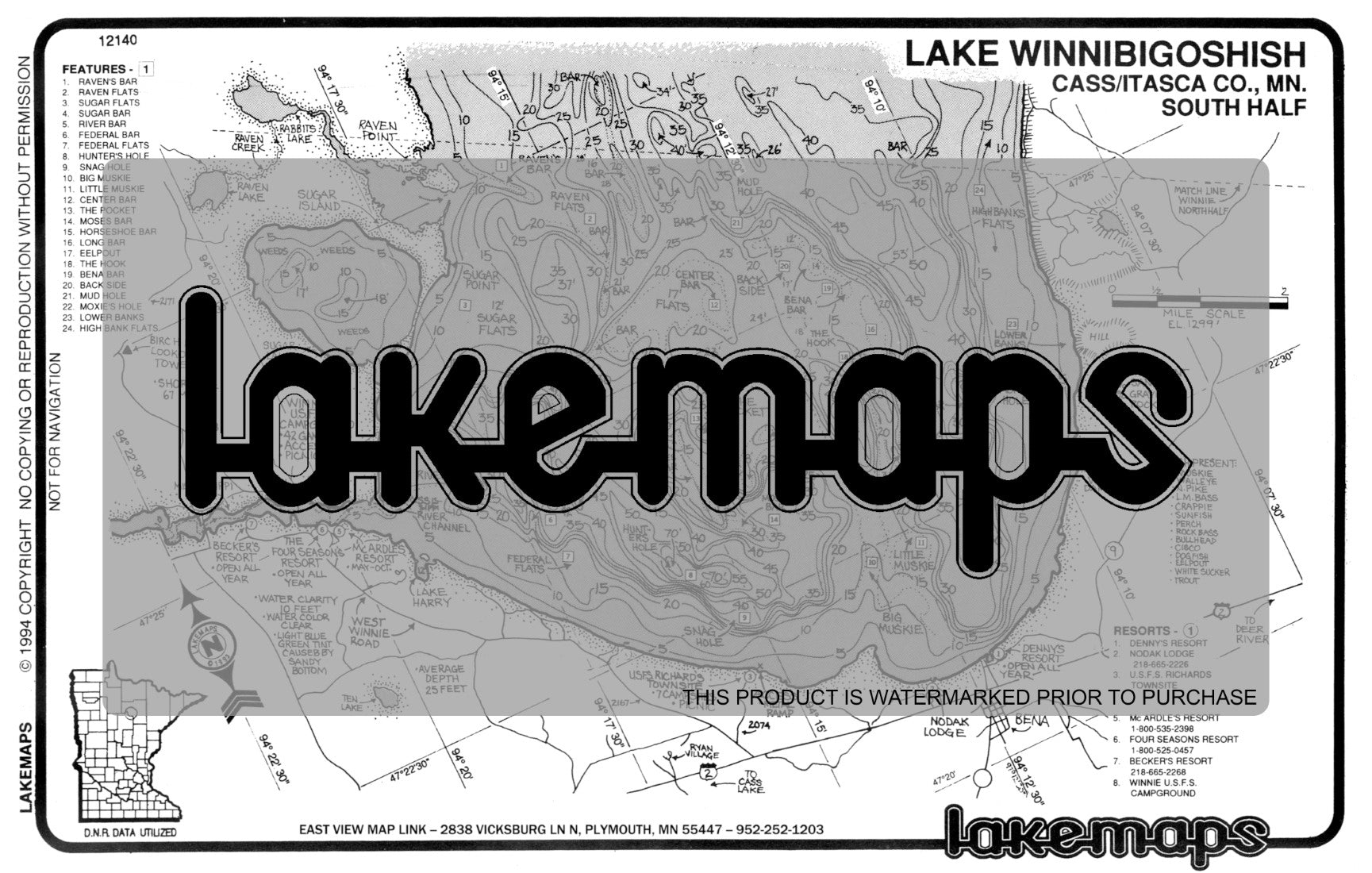 Itasca County, MN - Winnibigoshish - South Half - Lakemap - 12140