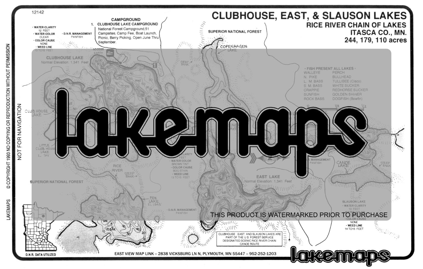 Itasca County, MN - CLUBHOUSE / East / Slauson (Rice River Chain of Lakes) - Lakemap - 12142