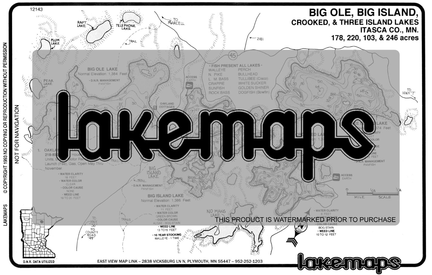 Itasca County, MN - BIG OLE / Big Island / Crooked / Three Island - Lakemap - 12143