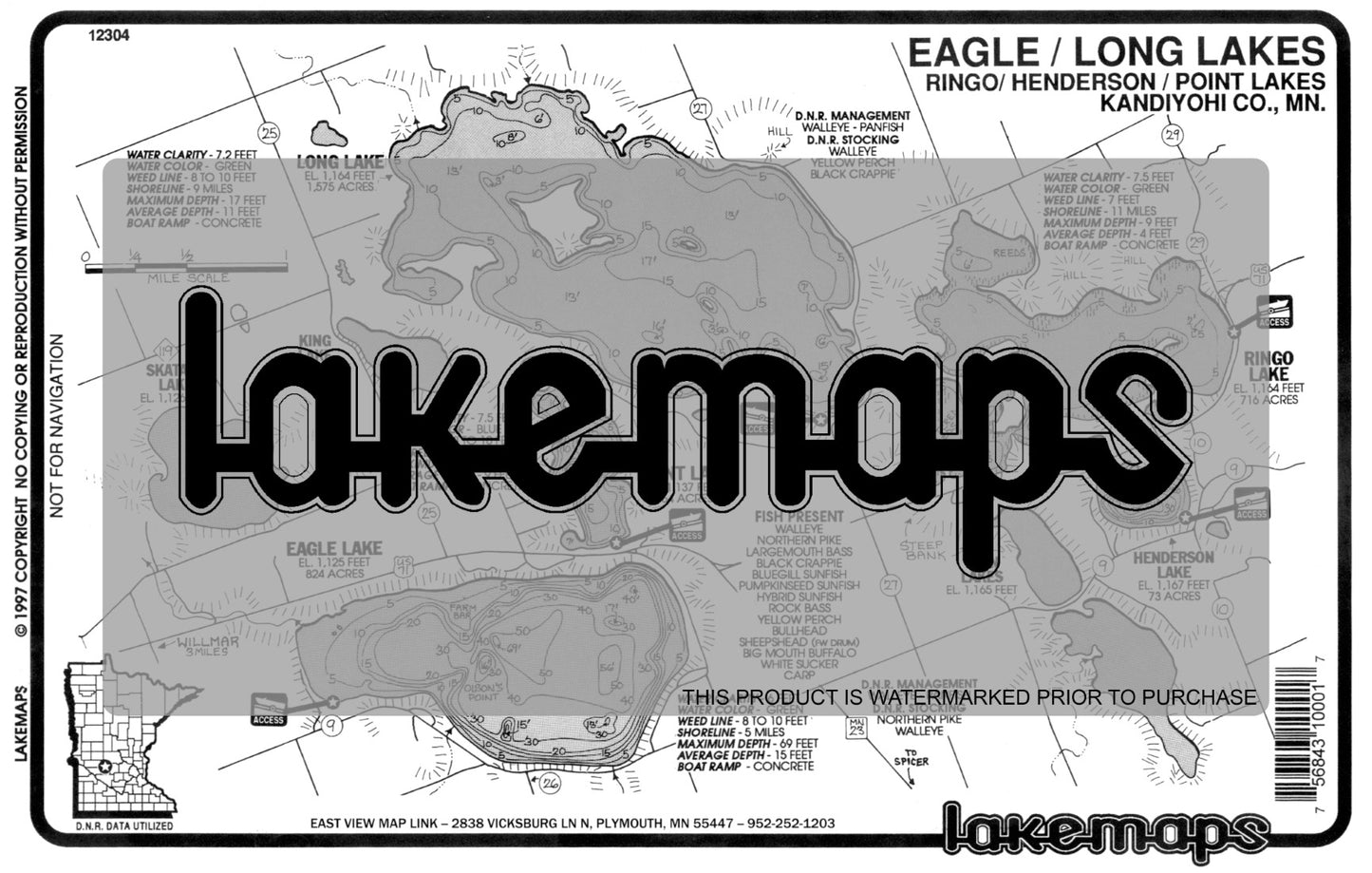 Kandiyohi County, MN - EAGLE /LONG/RINGO - Lakemap - 12304