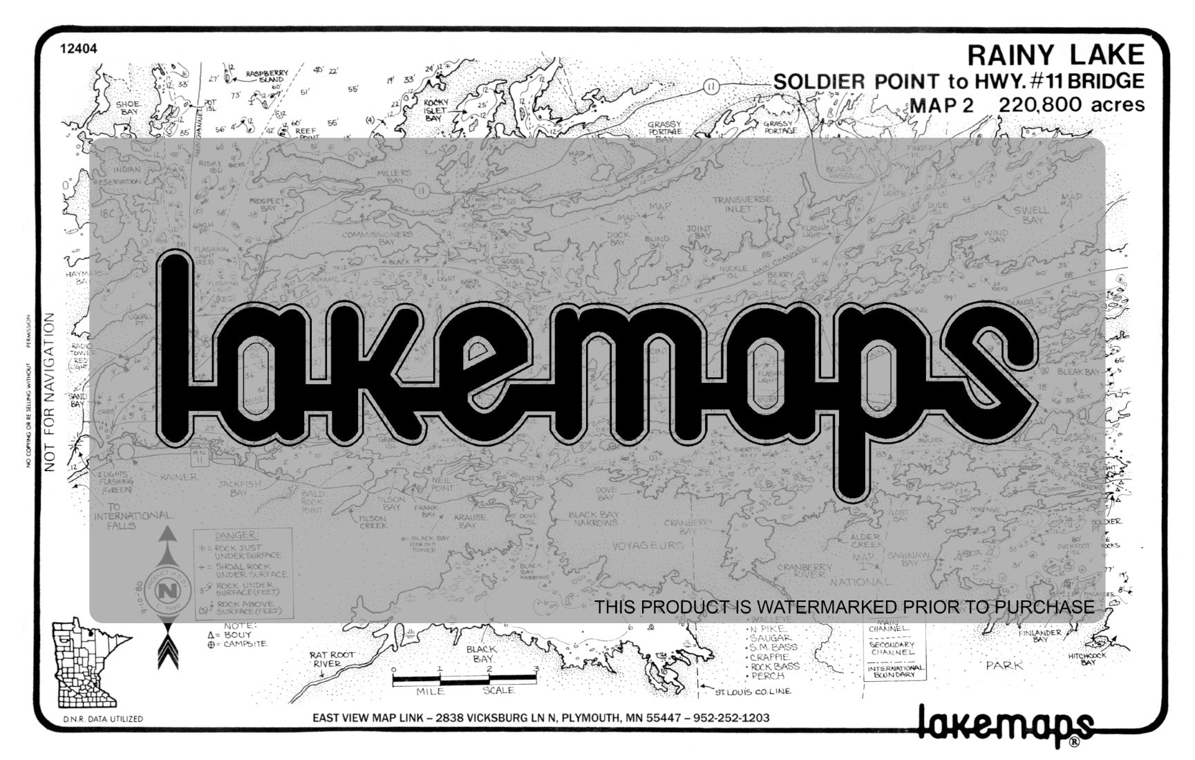 Koochiching County, MN - Rainy Lake - map 2 -SdierPt. Hwy.11 blk bay - Lakemap - 12404