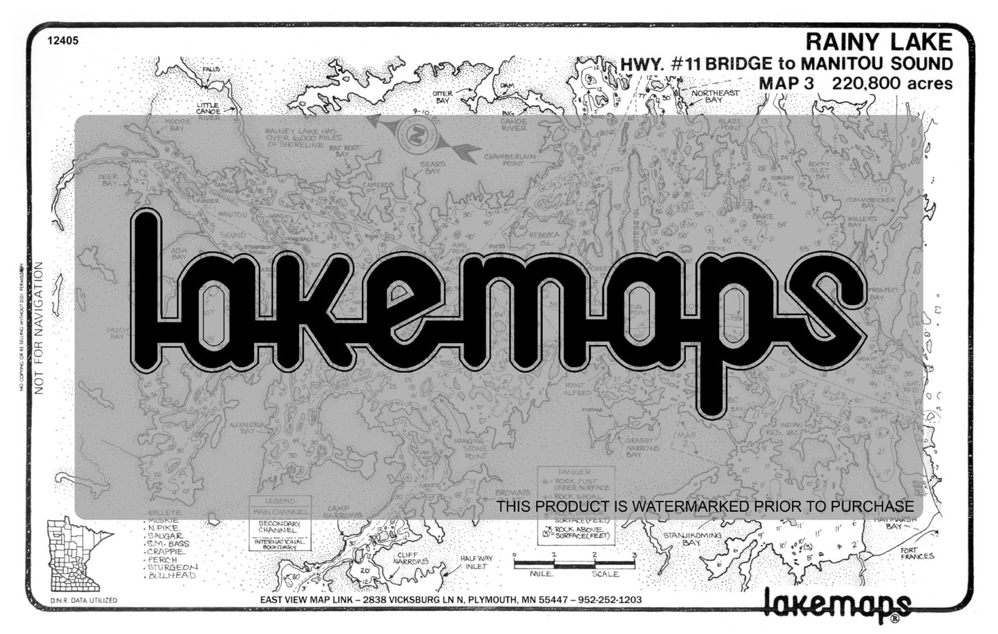 Koochiching County, MN - Rainy Lake - map 3 -Hwy.11 Bridge  to Manitou - Lakemap - 12405