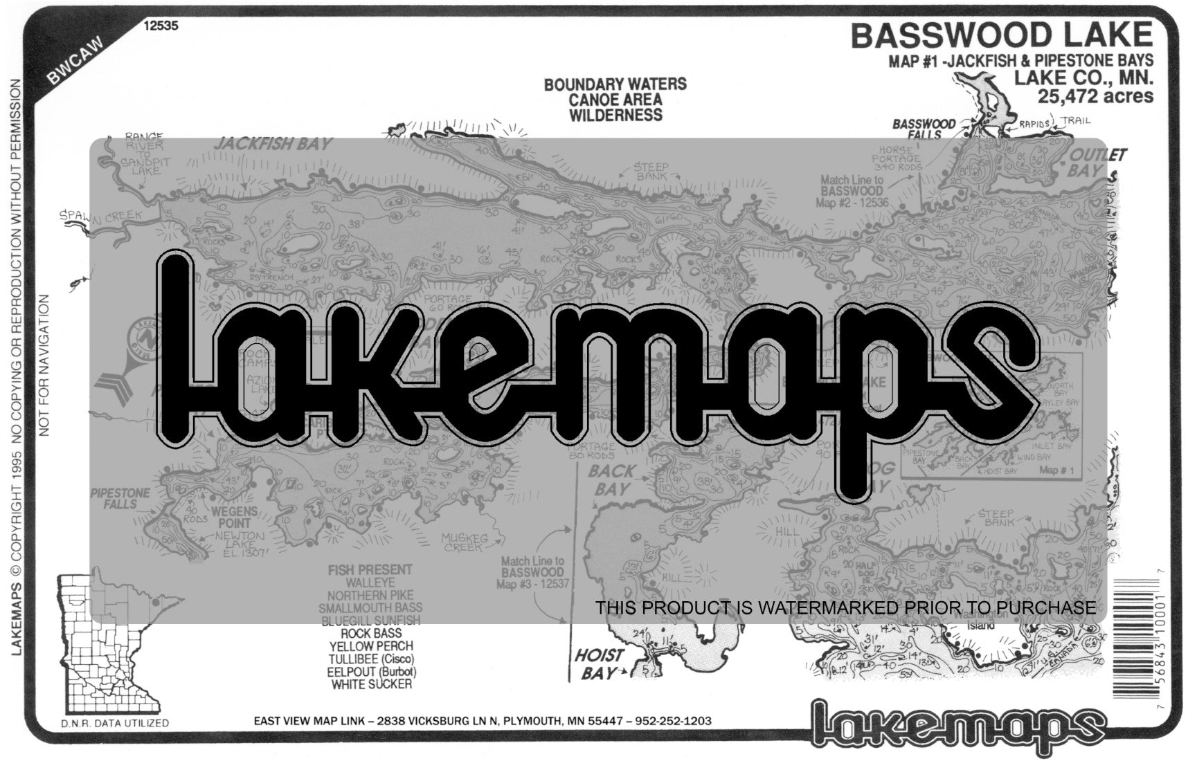 Lake County, MN - Basswood Lake - map 1 -Jackfish & Pipestone Bays - Lakemap - 12535