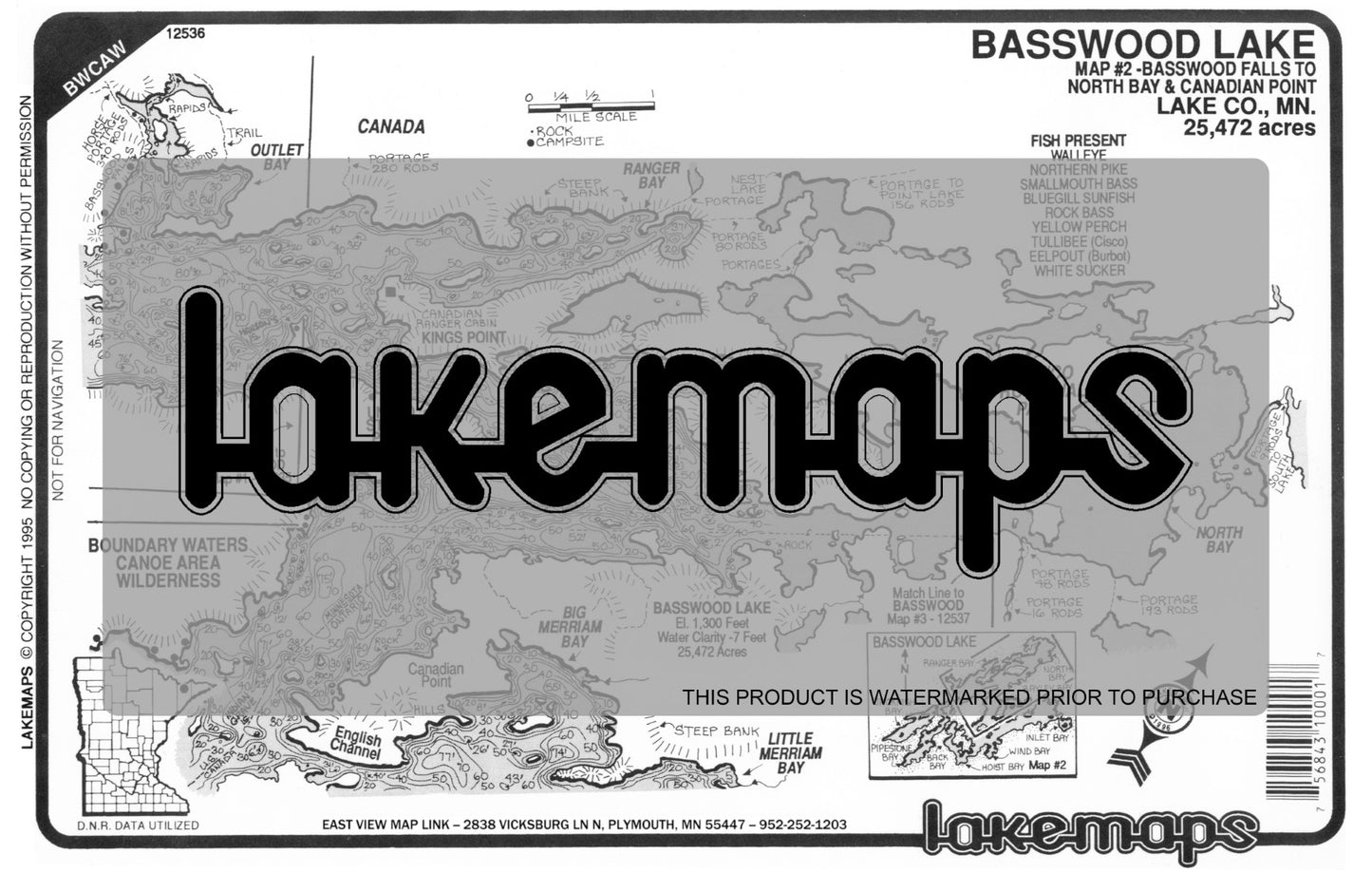 Lake County, MN - Basswood Lake - map 2 -Basswood Falls to North Bay & Can. Pt. - Lakemap - 12536