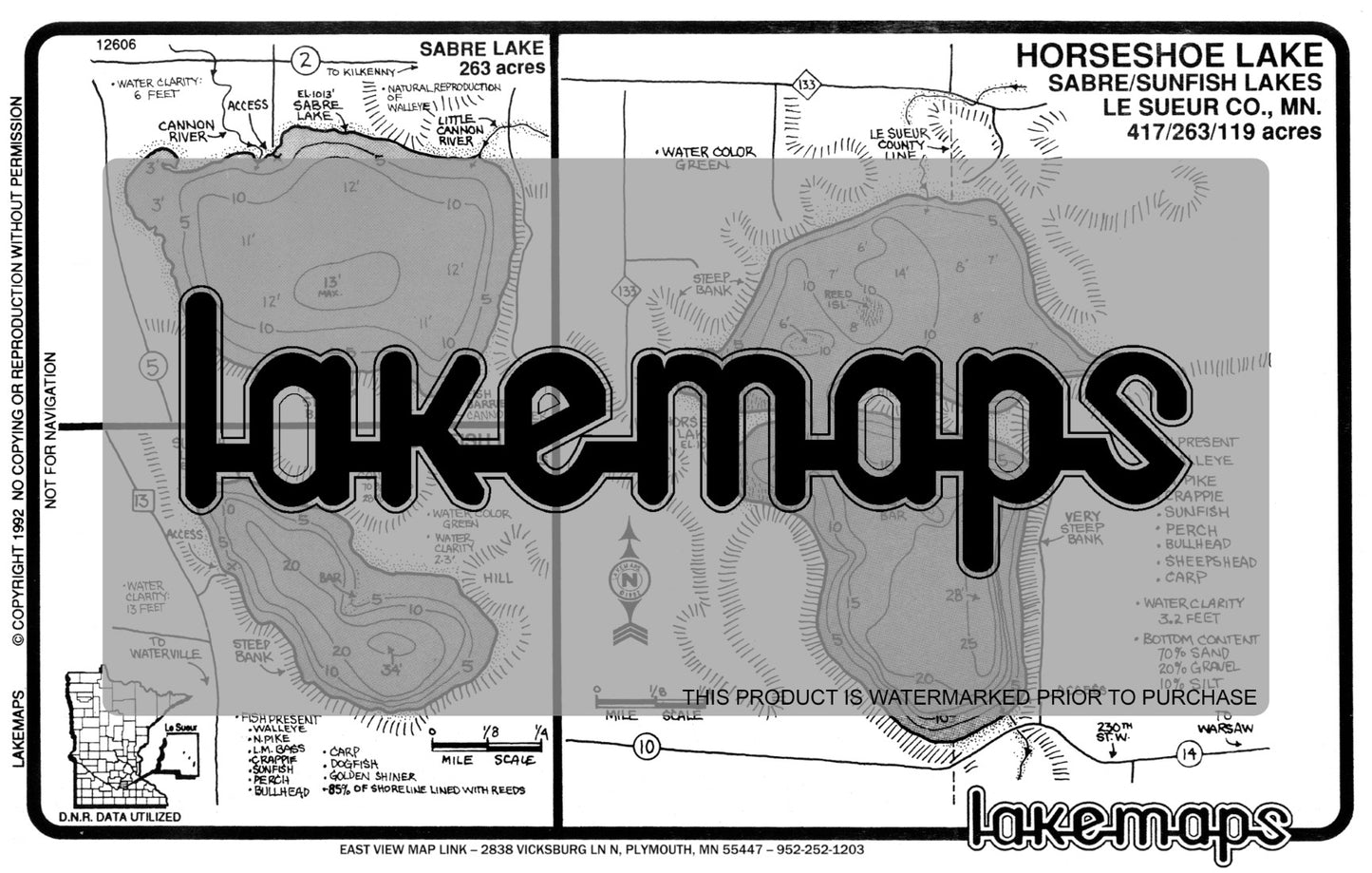 Le Sueur County, MN - HORSESHOE / Sabre / Sunfish - Lakemap - 12606