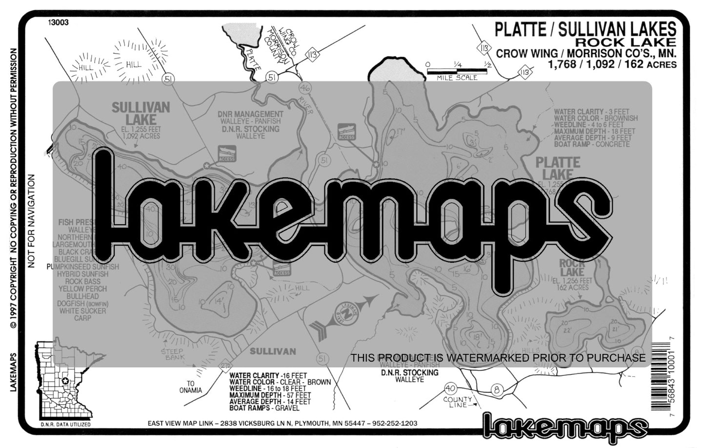 Morrison County, MN - PLATTE / Sullivan / Rock - Lakemap - 13003