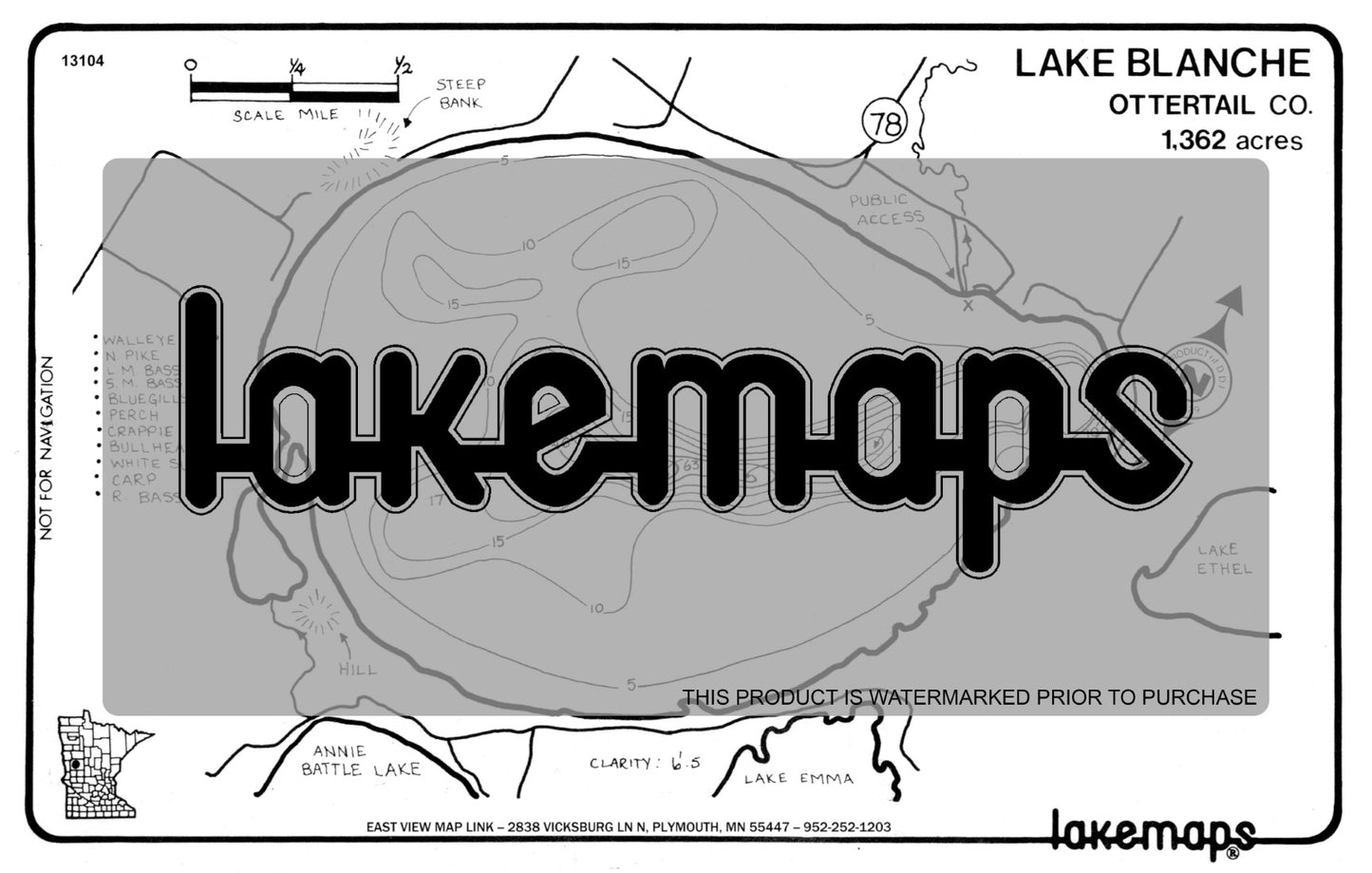 Otter Tail County, MN - BLANCHE - Lakemap - 13104