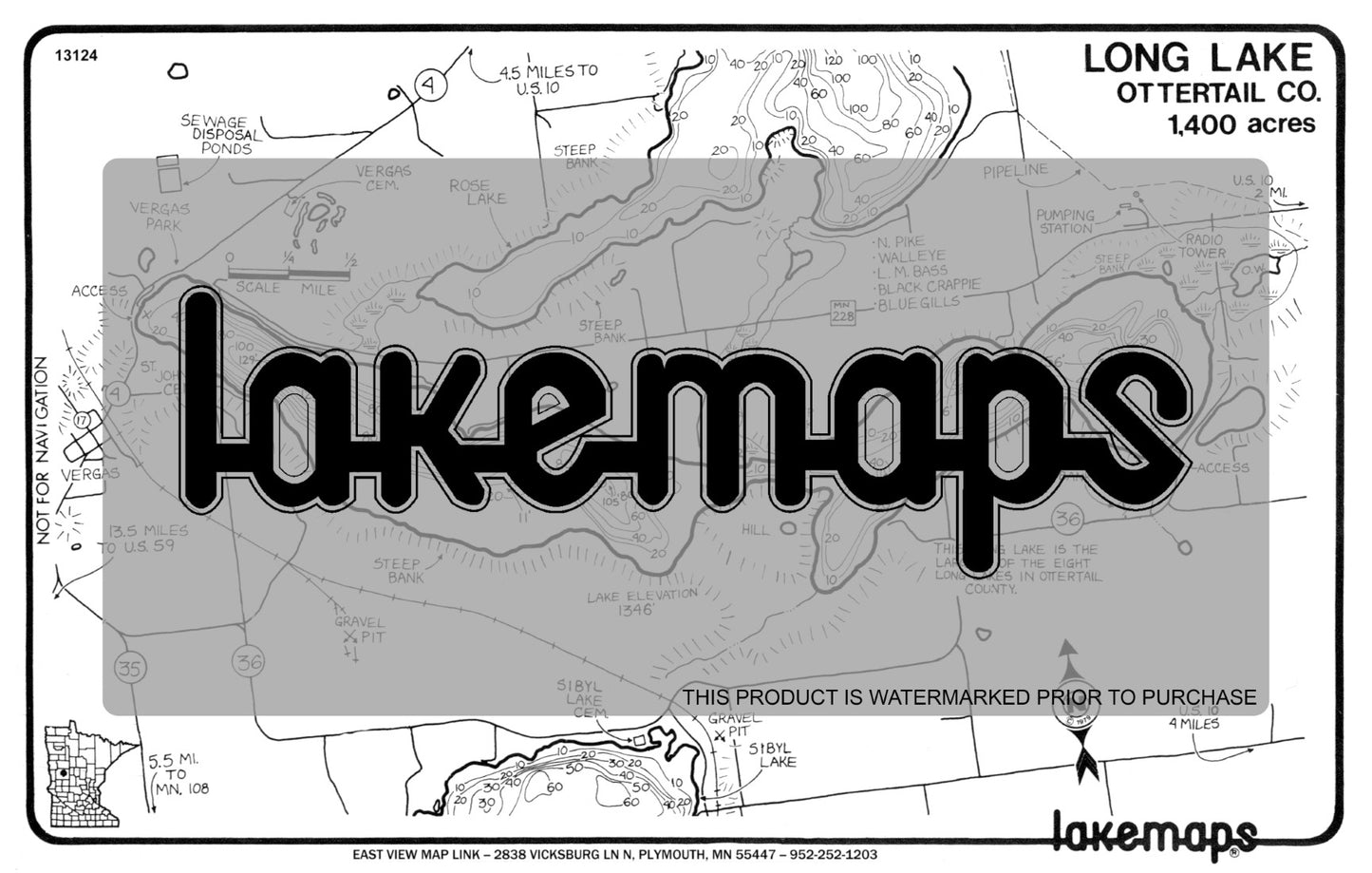 Otter Tail County, MN - LONG  (near VERGAS) - Lakemap - 13124