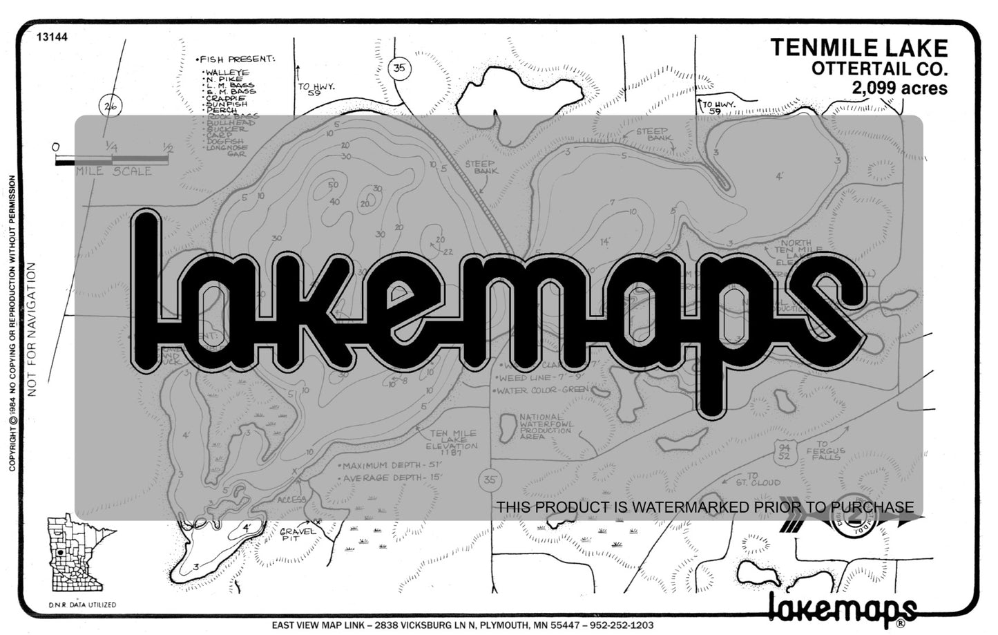 Otter Tail County, MN - TEN MILE / North Ten Mile - Lakemap - 13144