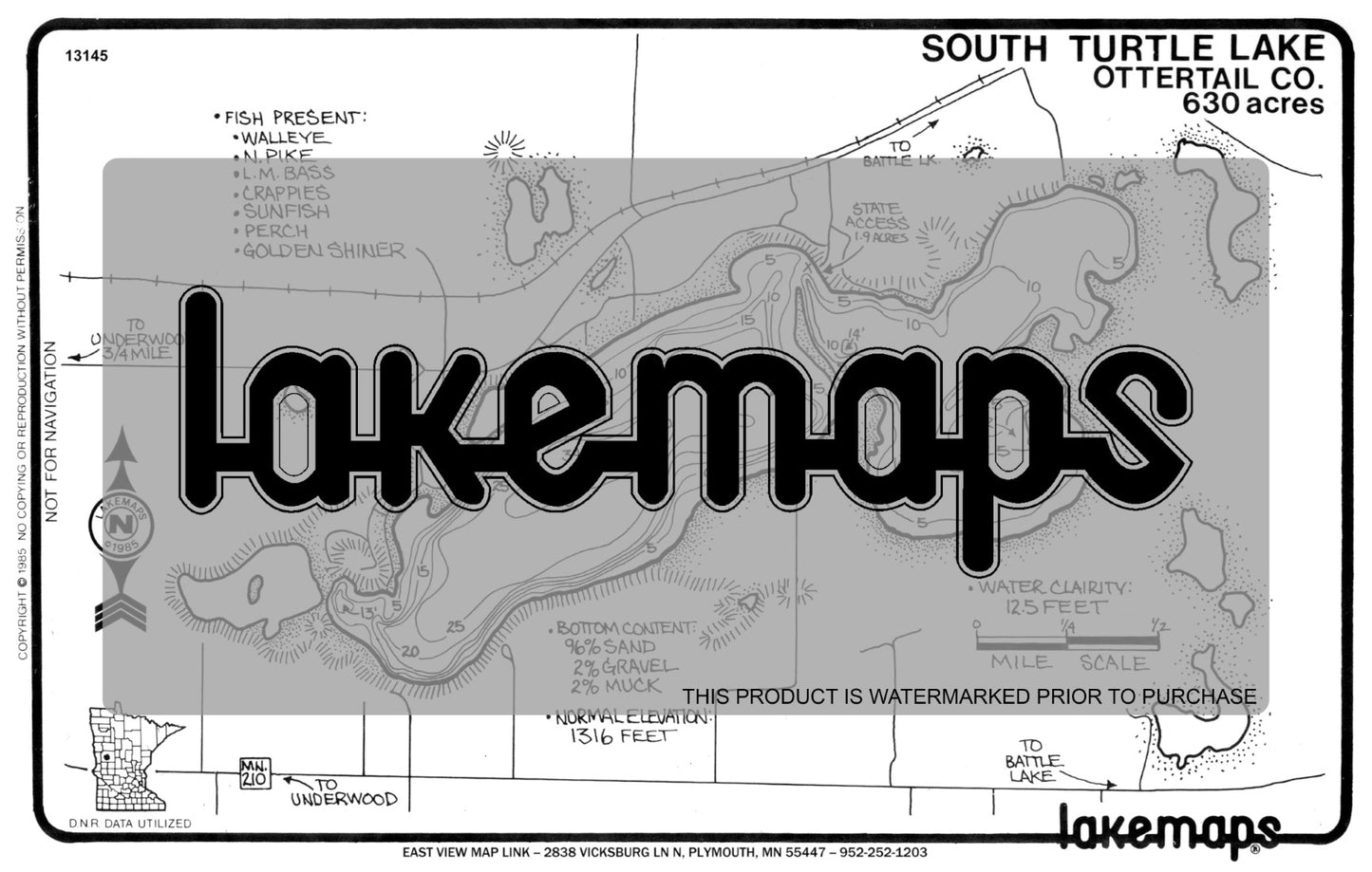 Otter Tail County, MN - TURTLE, South - Lakemap - 13145