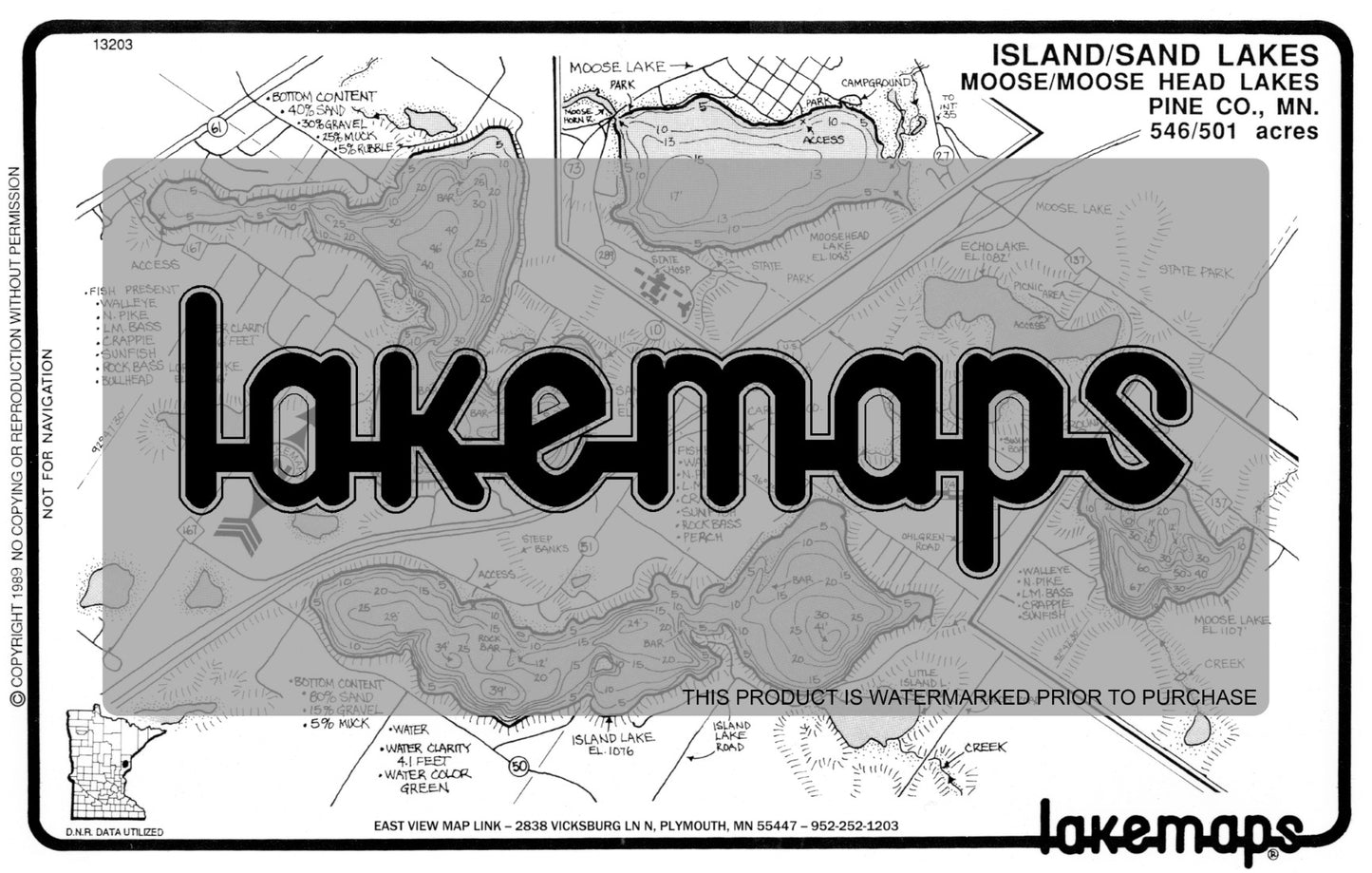 Pine County, MN - ISLAND / Moose / Sand - Lakemap - 13203