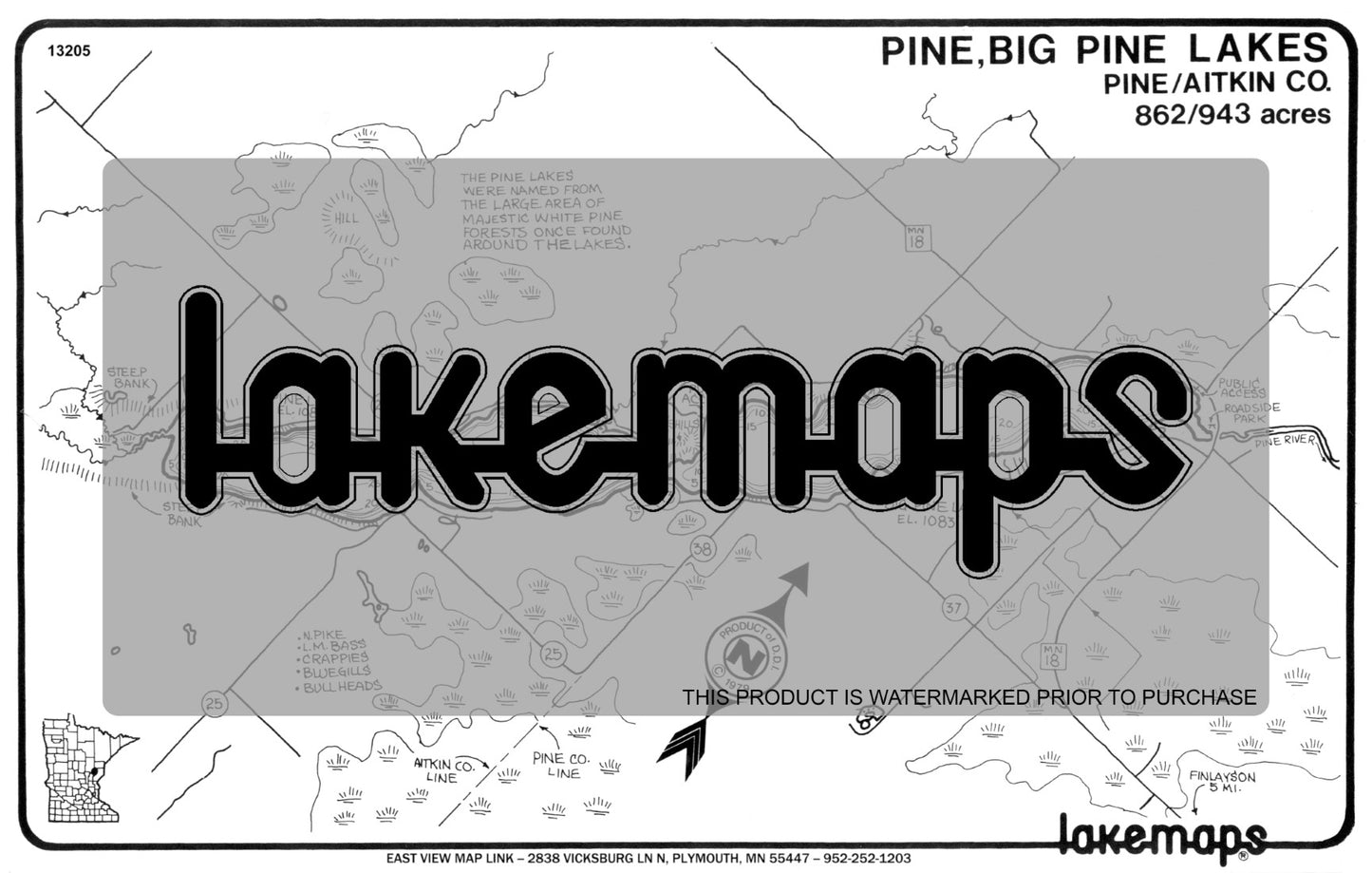 Pine County, MN - PINE / Big Pine (near Finlayson) - Lakemap - 13205