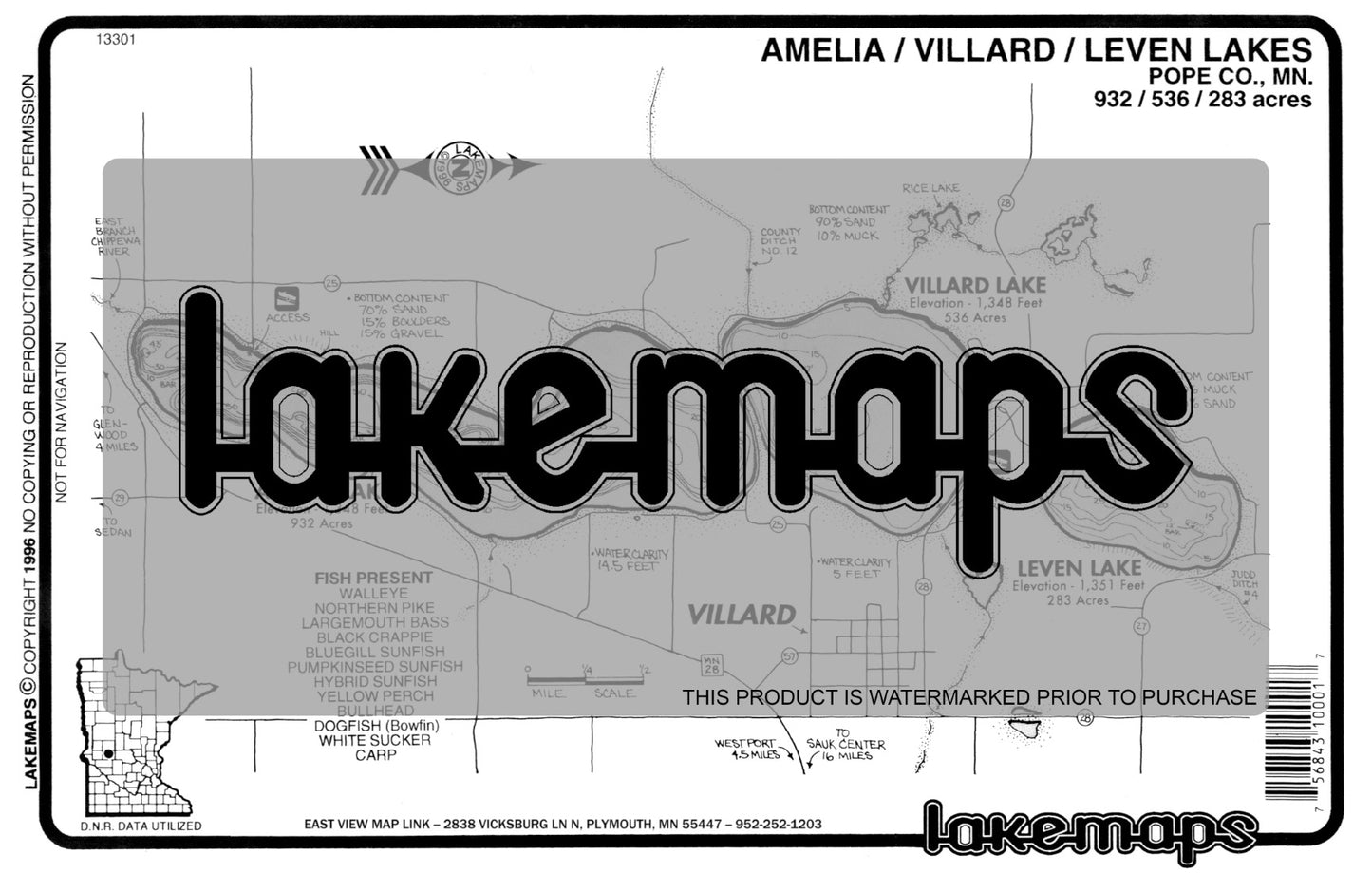 Pope County, MN - AMELIA / Leven / Villard - Lakemap - 13301