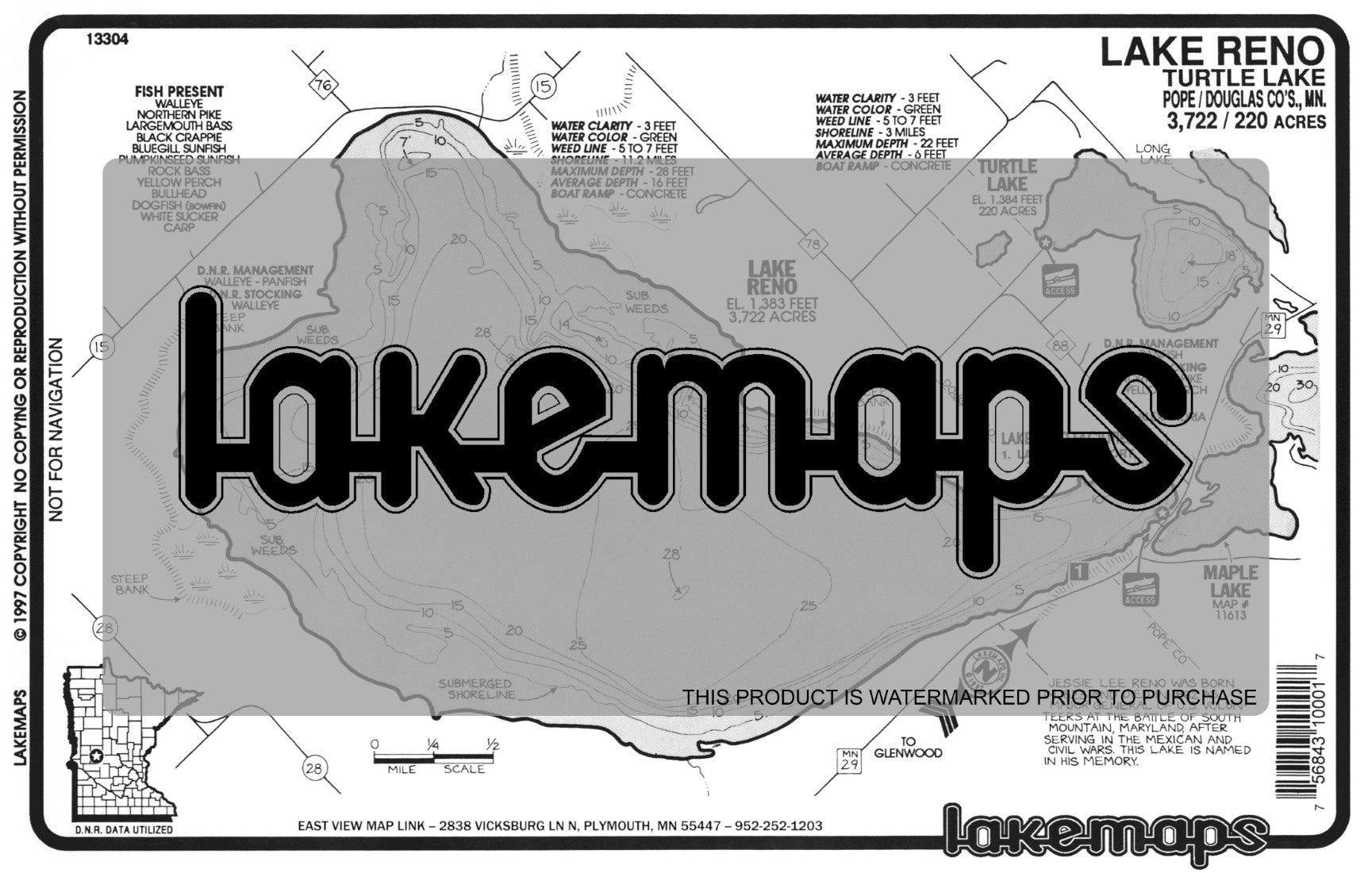 Pope County, MN - RENO / Turtle - Lakemap - 13304