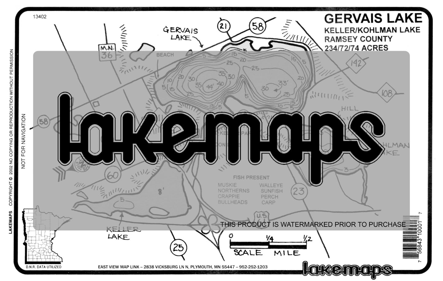 Ramsey County, MN - GERVAIS - Lakemap - 13402