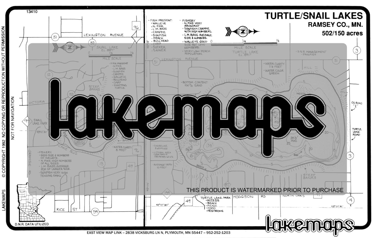 Ramsey County, MN - TURTLE / Snail - Lakemap - 13410