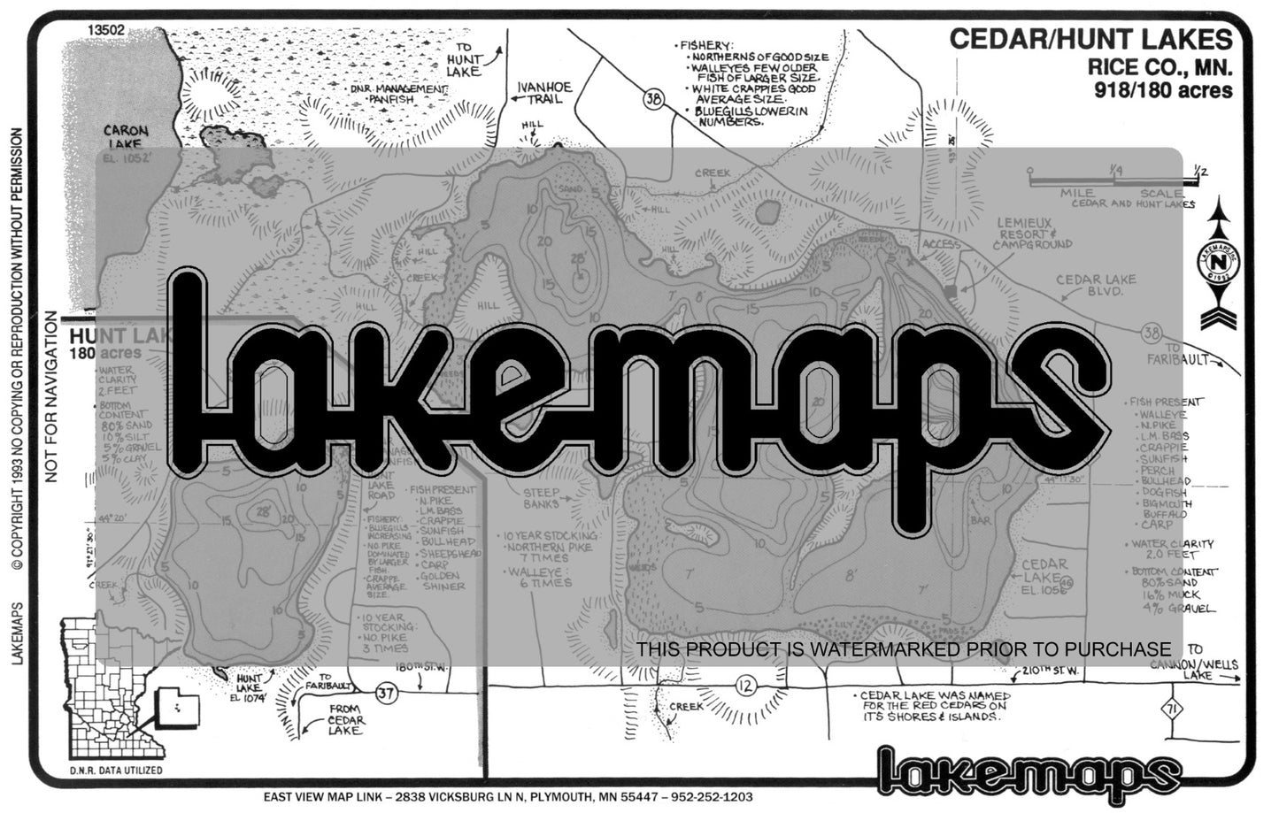 Rice County, MN - CEDAR / Hunt - Lakemap - 13502