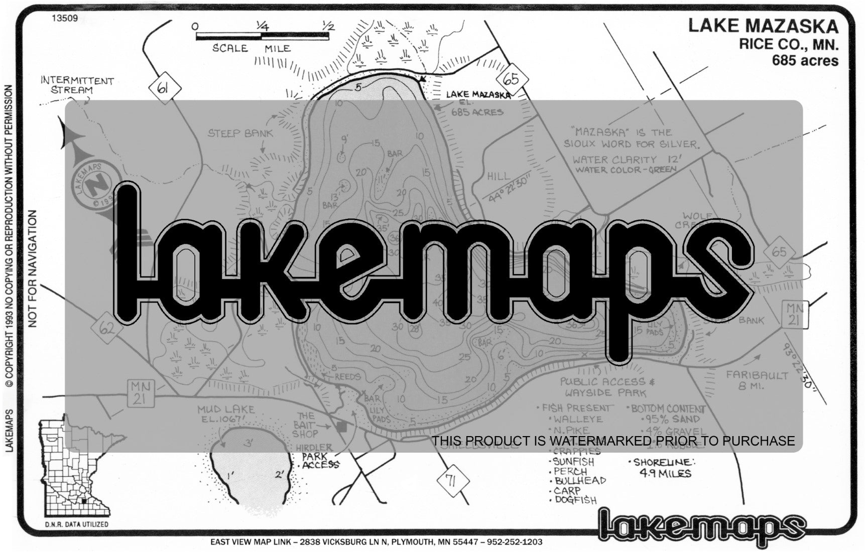 Rice County, MN - MAZASKA - Lakemap - 13509