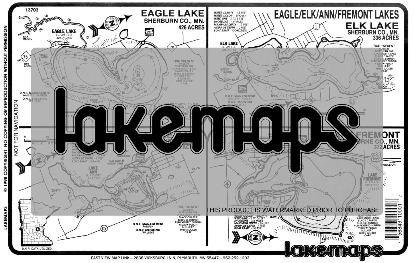 Sherburn County, MN - EAGLE/ Elk /  Ann / Fremont - Lakemap - 13703