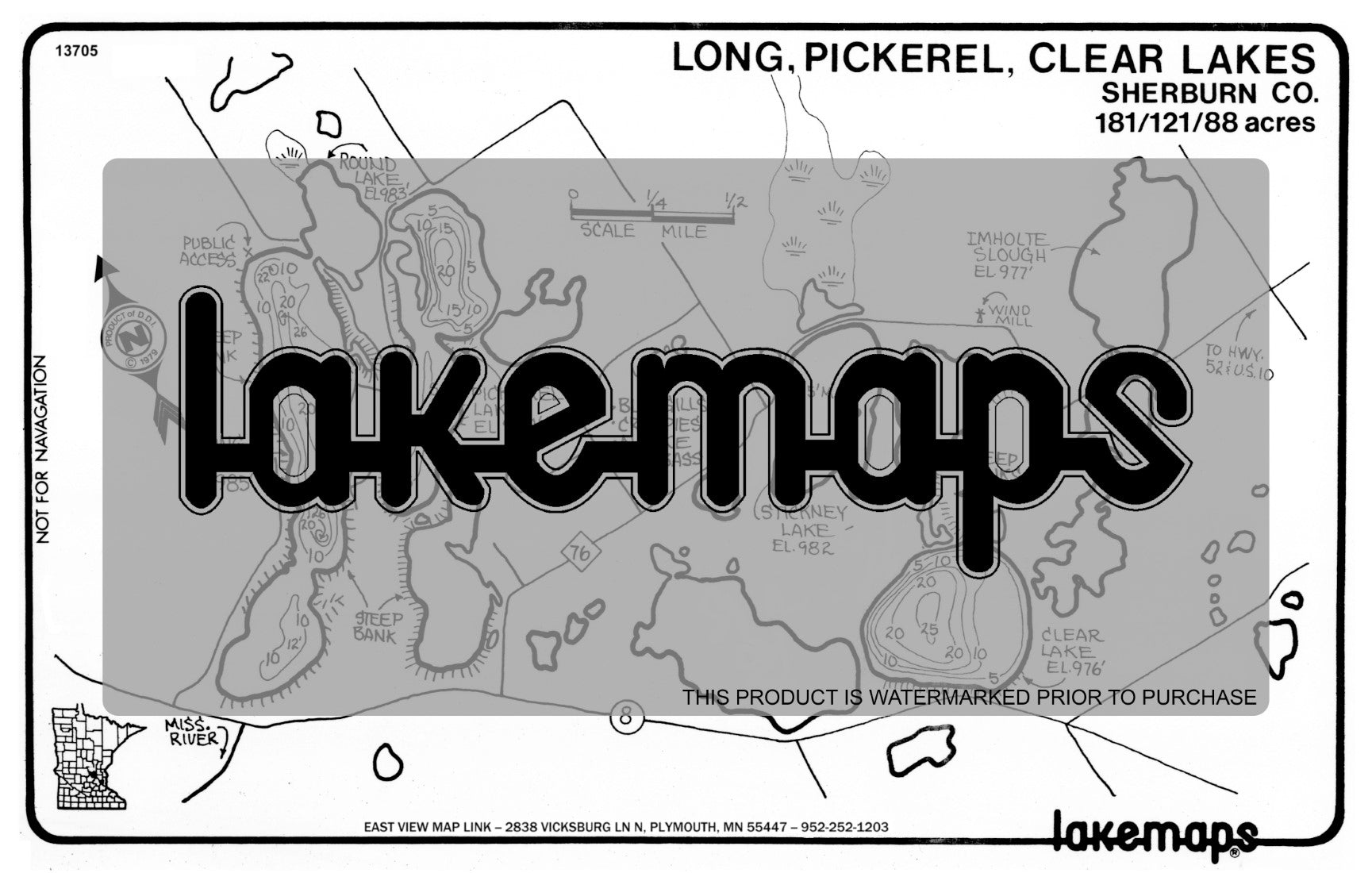 Sherburn County, MN - LONG / Pickerel / Clear - Lakemap - 13705