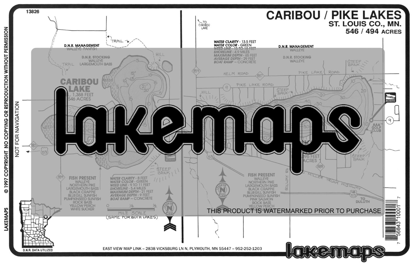 St. Louis County, MN - CARIBOU / Pike - Lakemap - 13826