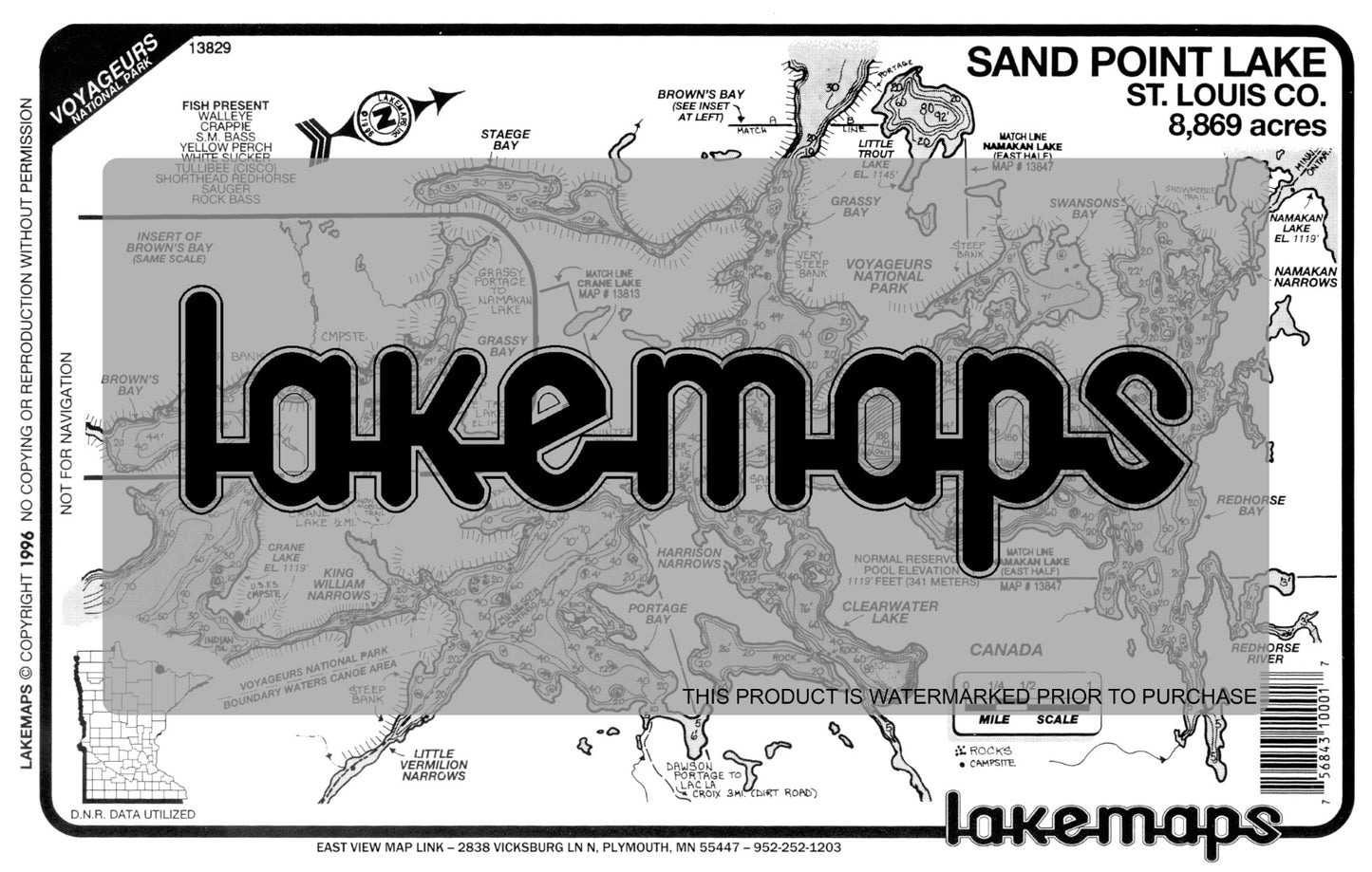 St. Louis County, MN - SAND POINT (Voyageurs) - Lakemap - 13829