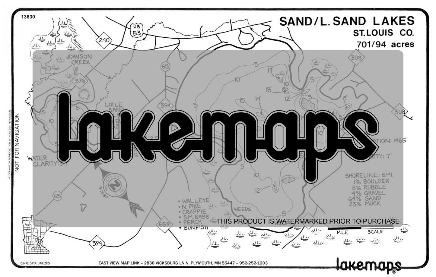 St. Louis County, MN - SAND / Little Sand - Lakemap - 13830