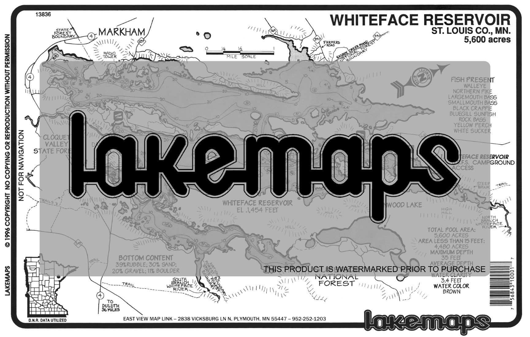 St. Louis County, MN - WHITE FACE RESERVOIR - Lakemap - 13836