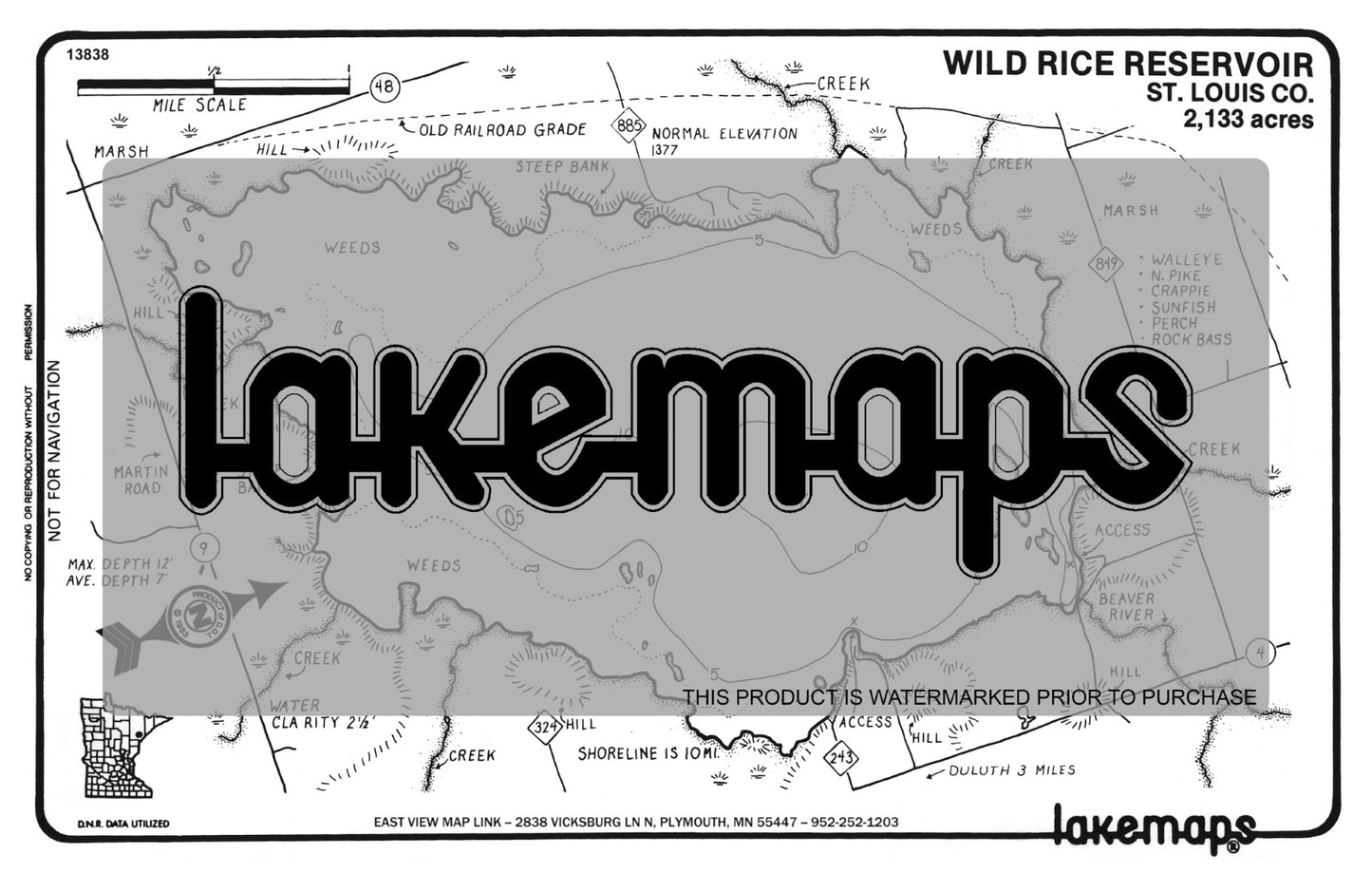 St. Louis County, MN - WILD RICE RESERVOIR - Lakemap - 13838