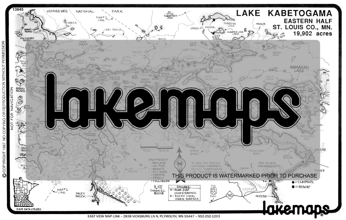 St. Louis County, MN - Kabetogama Lake - East Half - Lakemap - 13845