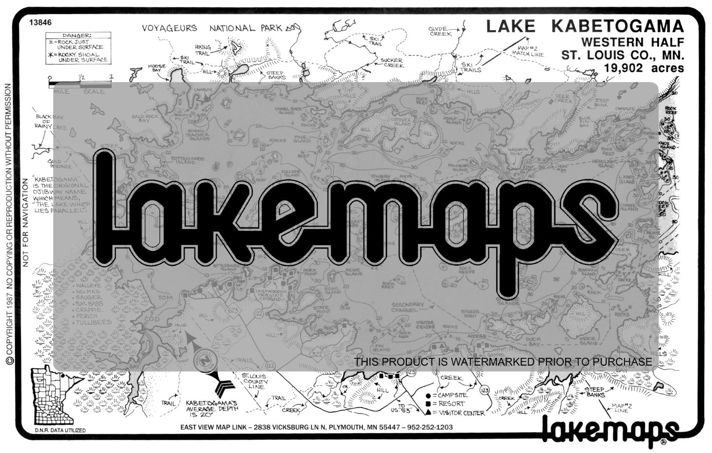St. Louis County, MN - Kabetogama Lake - West Half - Lakemap - 13846