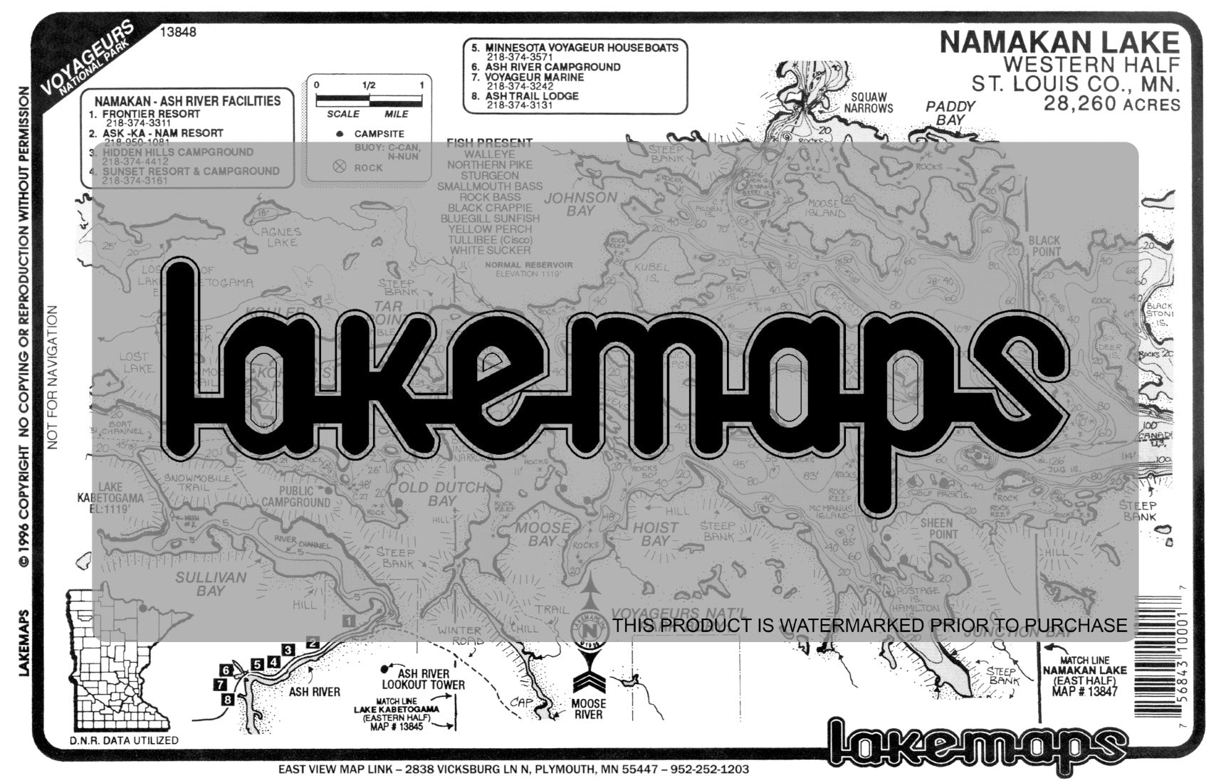 St. Louis County, MN - Namakan Lake - West Half - Lakemap - 13848