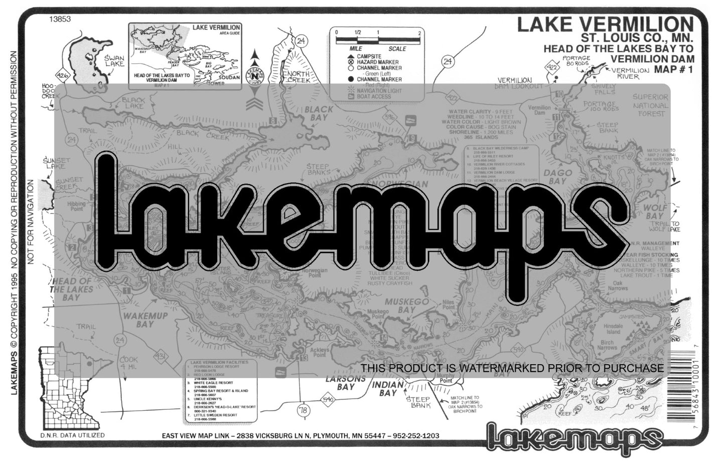 St. Louis County, MN - Lake Vermillion - Map 1 Head of Lakes to Dam - Lakemap - 13853