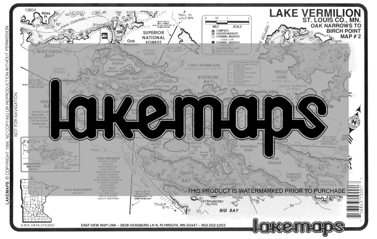 St. Louis County, MN - Lake Vermillion - Map 2 Oak Narrows to Birch Point - Lakemap - 13854