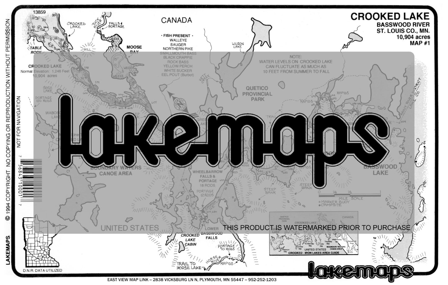 St. Louis County, MN - Crooked Lake - map 1 -Basswood River - Lakemap - 13859