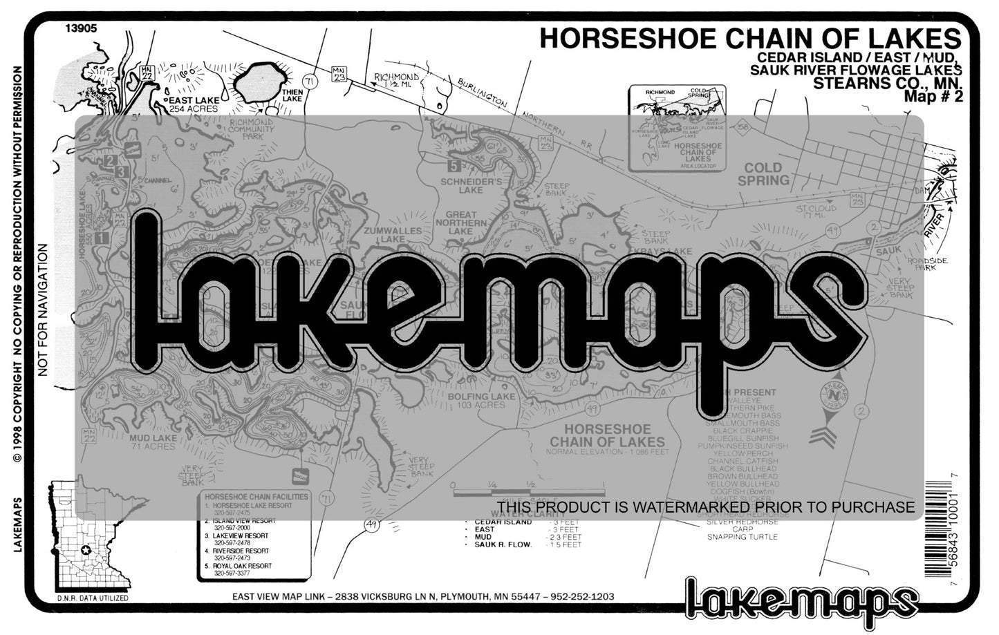 Stearns County, MN - Horseshoe Lake Chain - Cedar Island/ Sauk R. Flowage - Lakemap - 13905