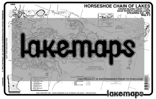 Stearns County, MN - Horseshoe Lake Chain - Cedar Island/ Sauk R. Flowage - Lakemap - 13905