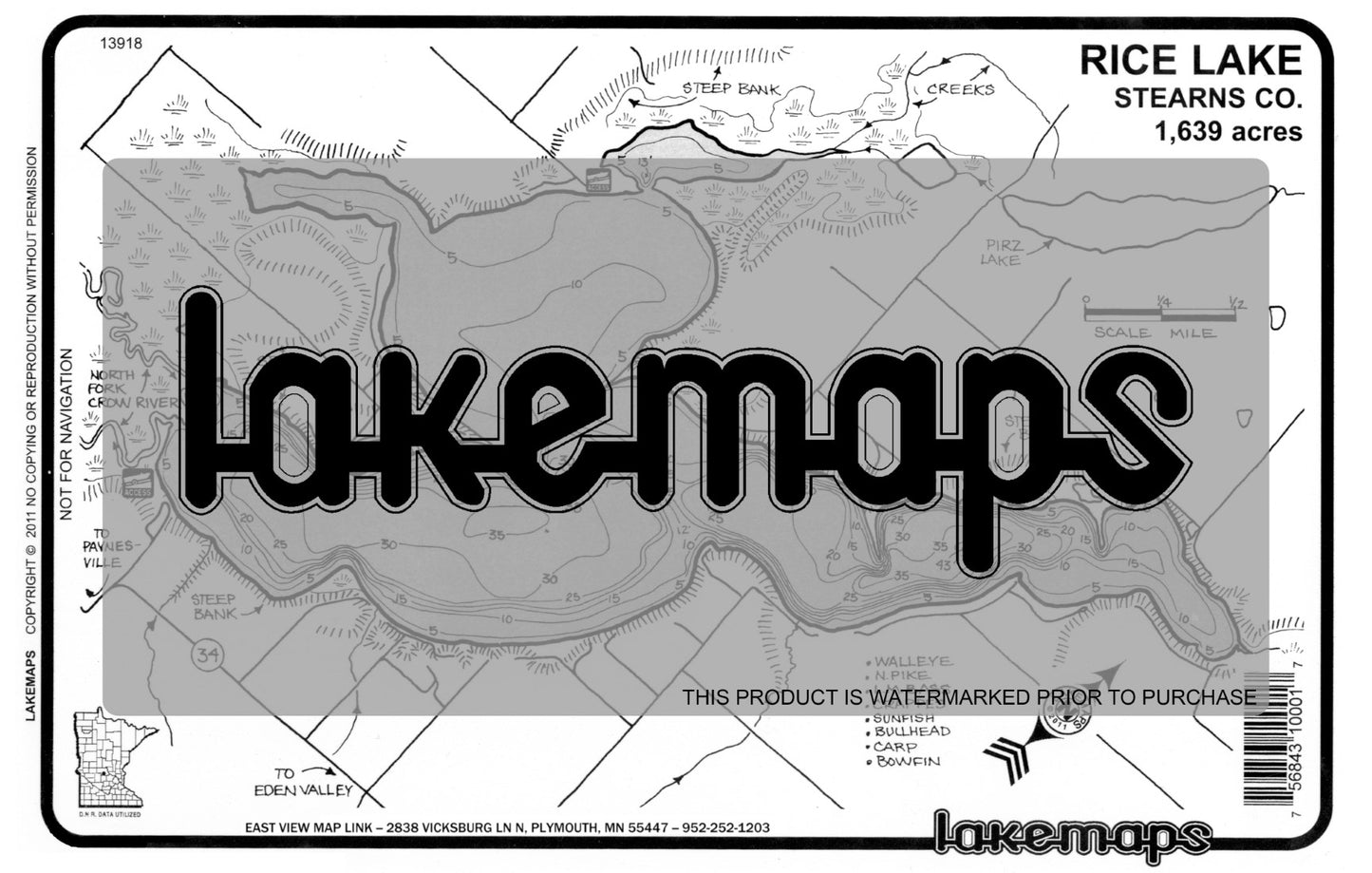 Stearns County, MN - RICE - Lakemap - 13918